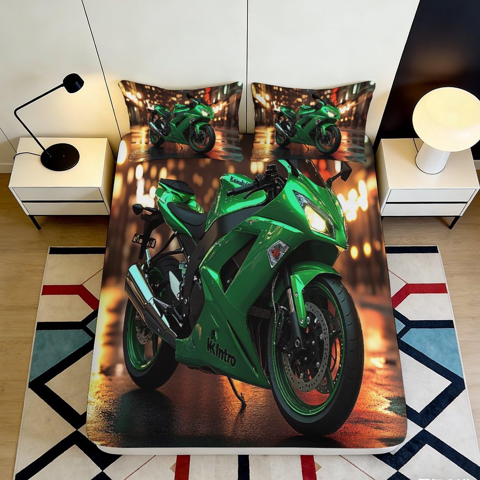 3D Printed green motorcycle fitted sheet, microfiber soft touch apartment bedding, wrinkle resistant, stylish home decor, mattress cover for bedroom 200x200x25cm
