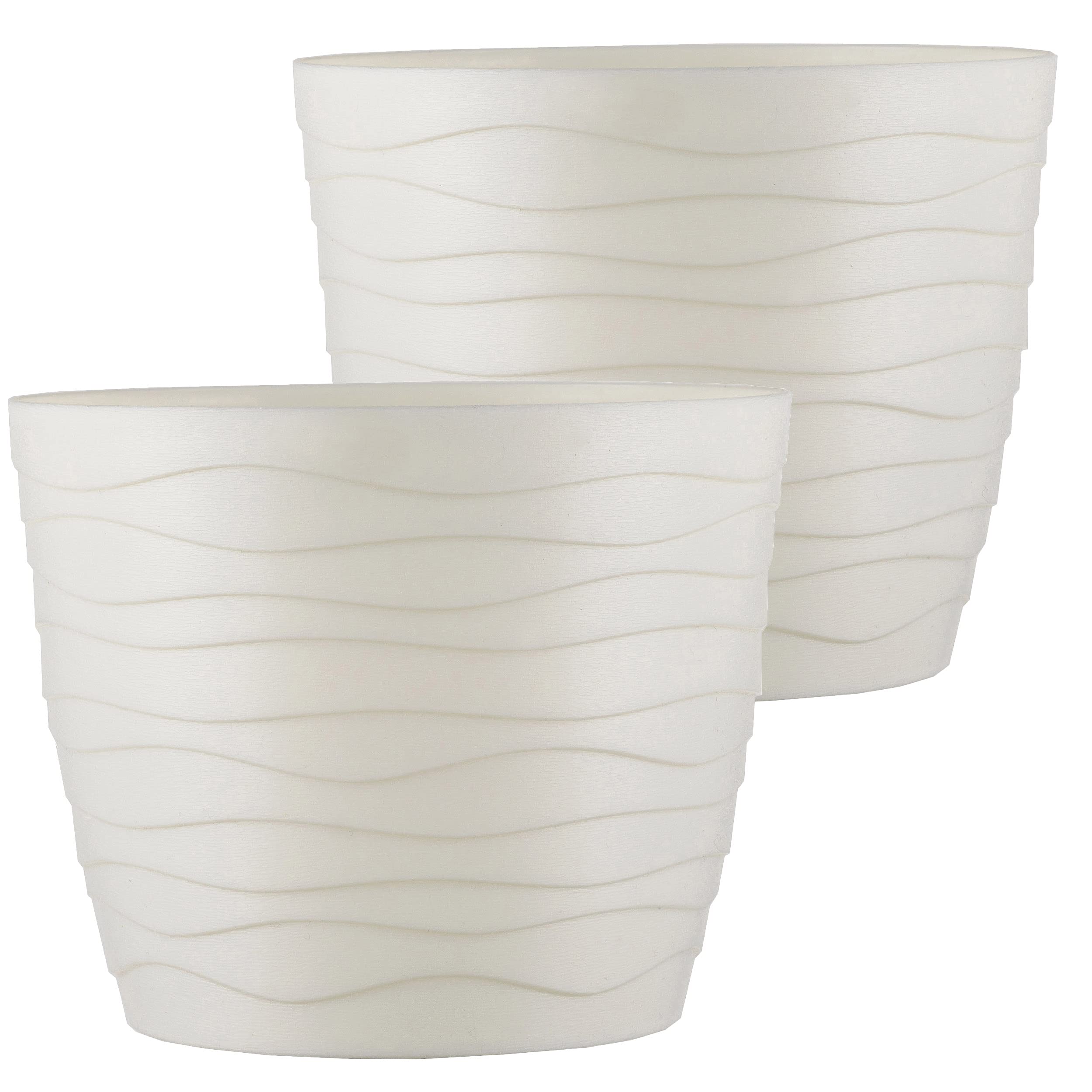 TYMAR Set Di 2 Vasi Da Fiori Con Sottovaso – Rotondi, Per Interni – Plastica Leggera Con Design Ondulato 3D – Colore Crema, Diametro 13 Cm - 2