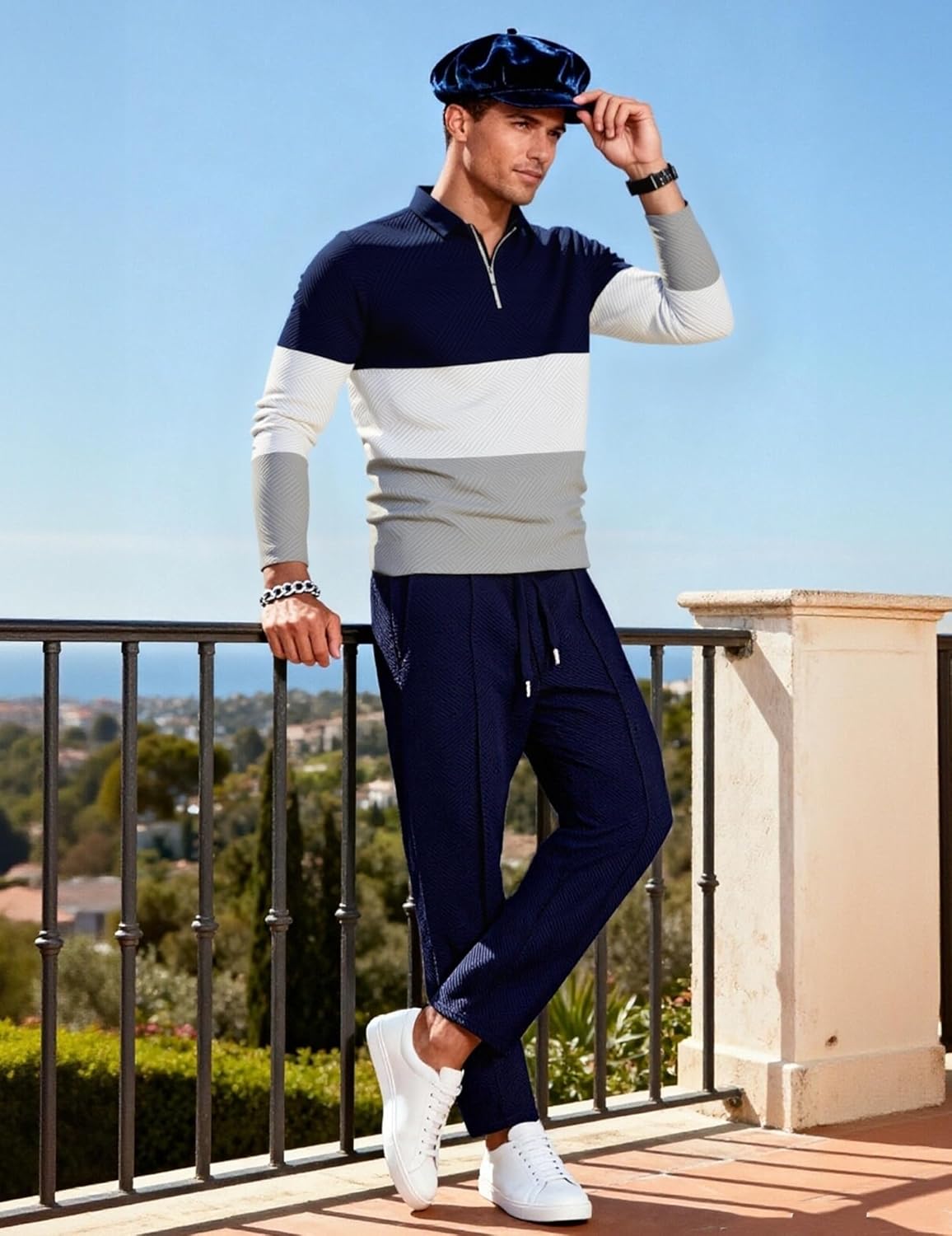 UOUA Mens 2 Piece Set Casual Outfits 1/4 Zip Polo Long Sleeve Shirt & Pants Track Suit Loungewear Athletic Sweatsuit - Image 4