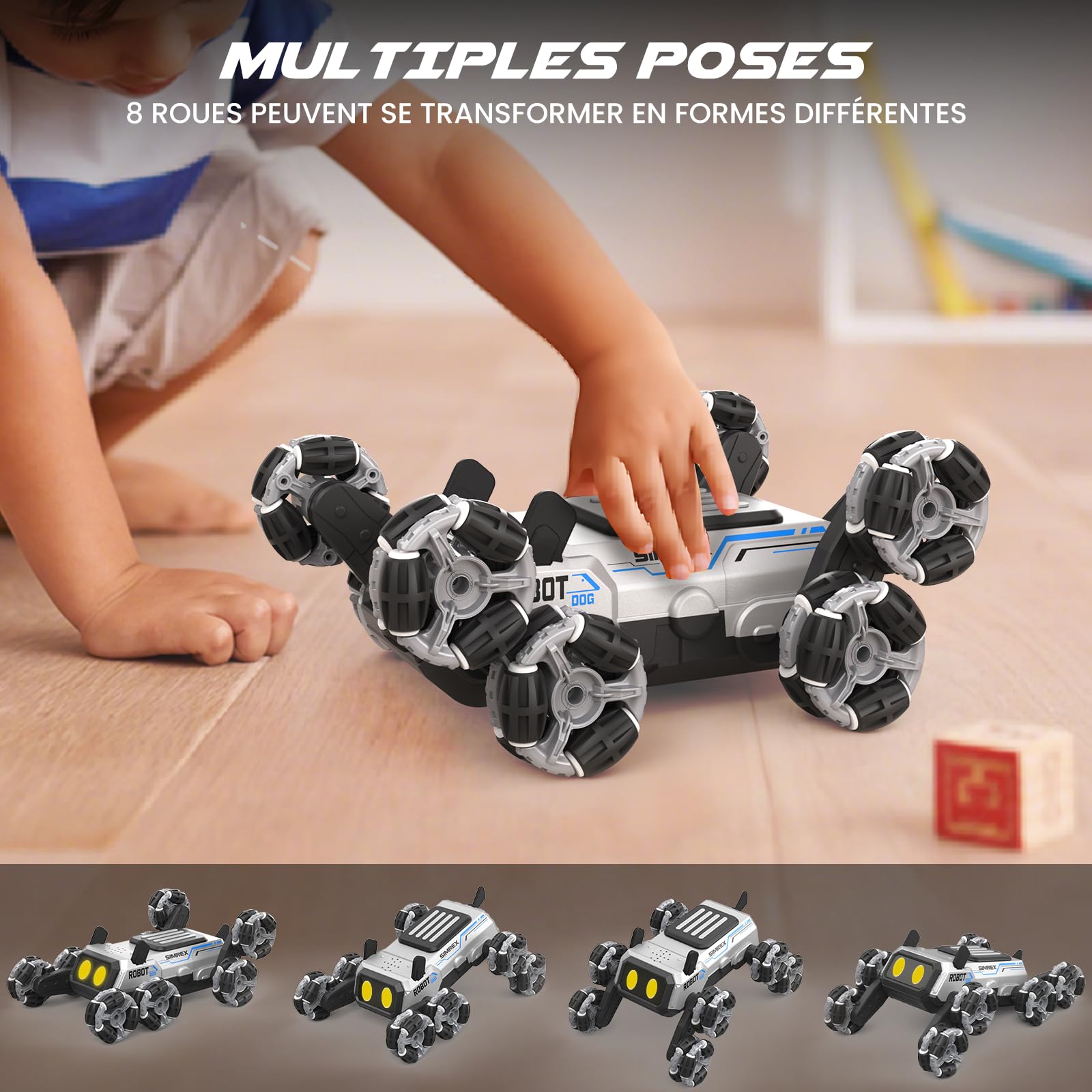 SIMREX Chien Robot télécommandé 6+ Ans, Voiture RC cascadeuse à Yeux LED et Commande gestuelle. Cadeau Anniversaire Filles/garçons. Robot interactif à Roues Mecanum et 3 Sons, argenté