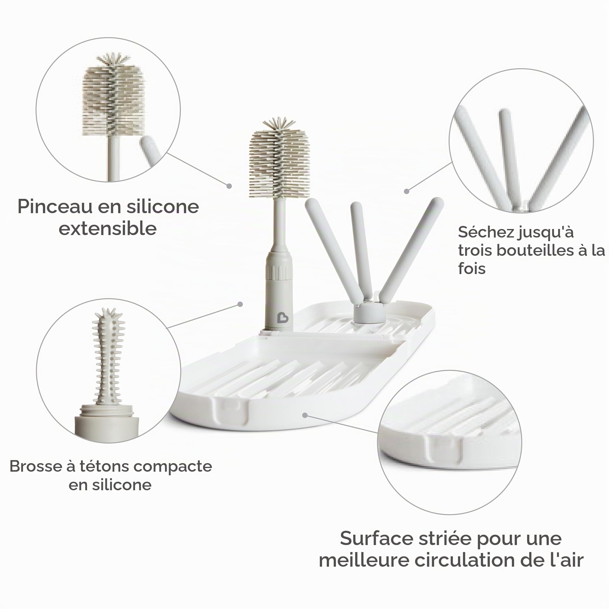 Munchkin Égouttoir de Voyage avec Brosse pour Biberon | Séchage jusqu'à 3 Biberons à la Fois | Inclut Une Brosse en Silicone Extensible avec Nettoyeur de Tétine Intégré | Essentiels pour Bébé