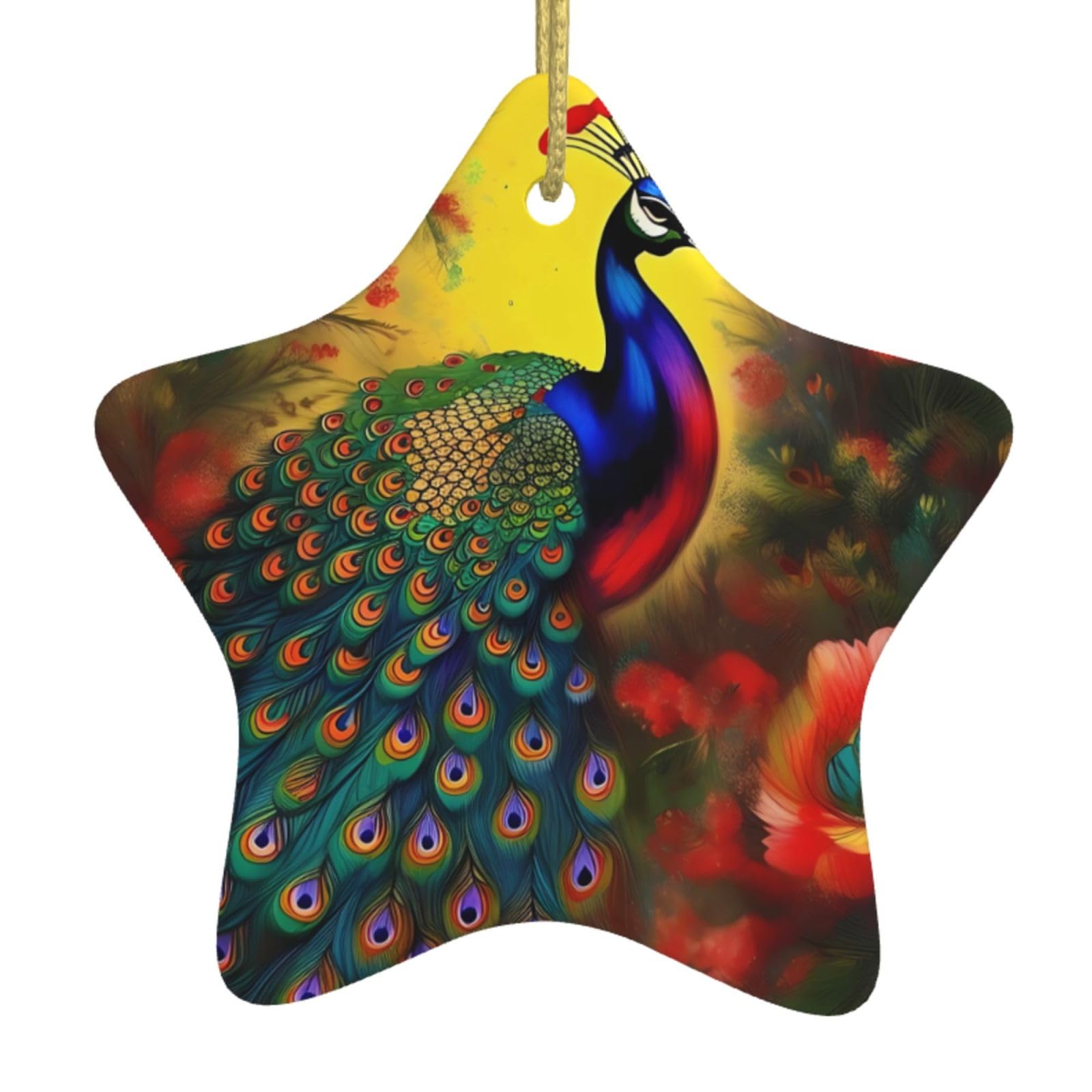 Peacock Flowers Christmas Ceramic Star Pendant with Punched Holes and Gold Wire Rope, Christmas Tree Home Decoration