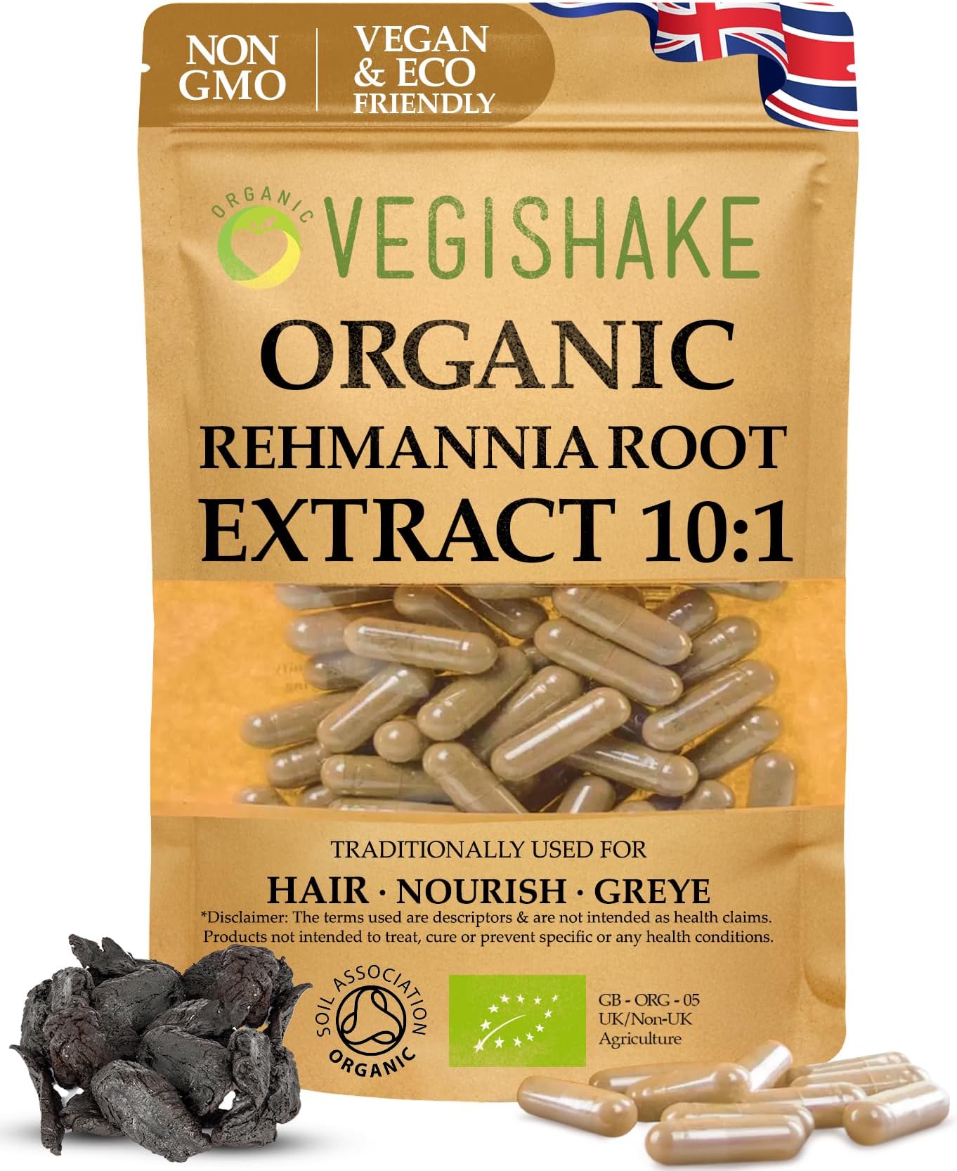 Rehmannia Root HPMC Capsules 980mg Prevent Grey Hairs Maintain Hair Colour Health Fatigue Kidney Adrenal Glands Vegan Halal Kosher (90 Capsules)EU Organic