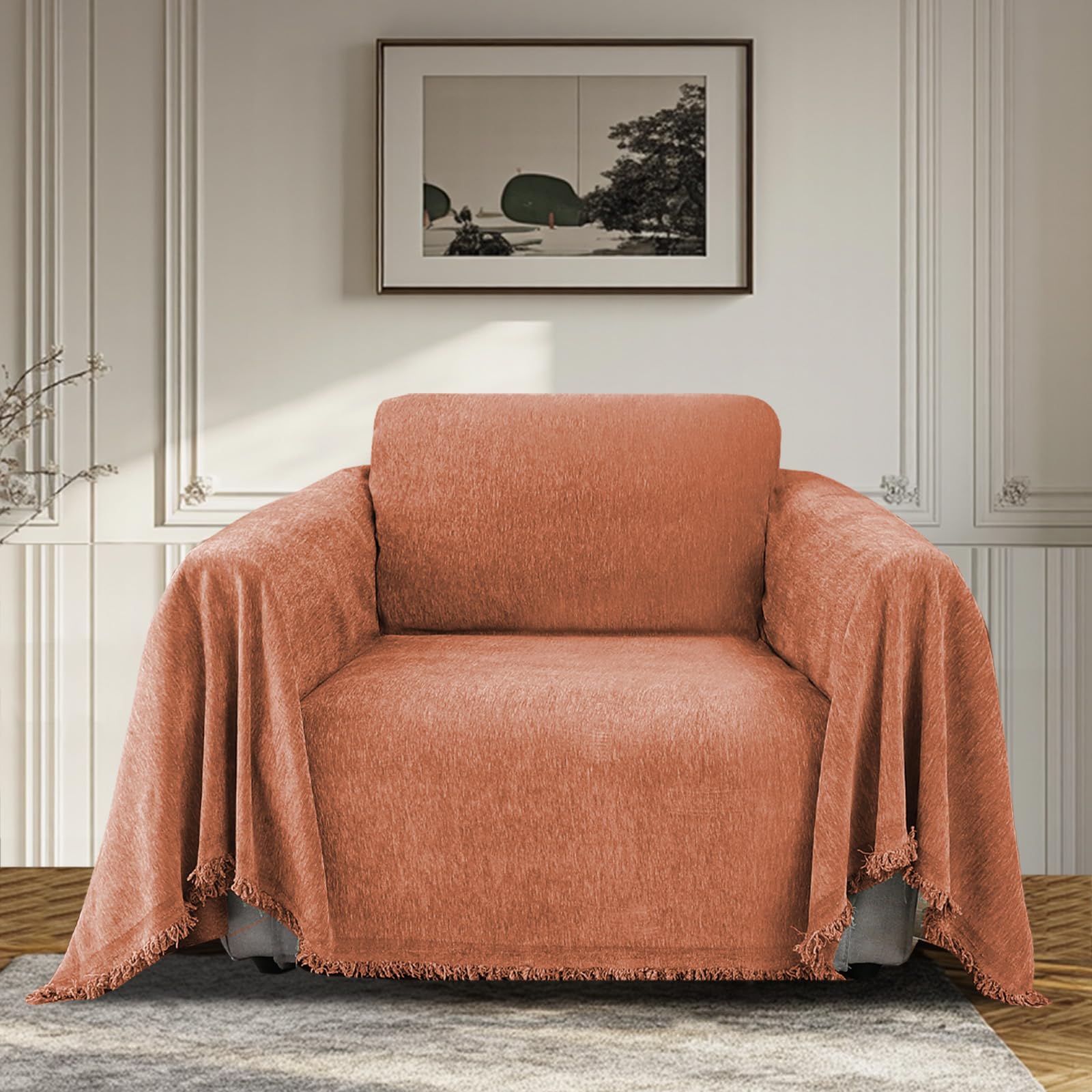 BellaHills Sofa Cover 3 Seater Chenille Sofa Covers 2 Seater Armchair Covers L Shape Sofa Slipcover Non-Slip Couch Covers with Tassel Sofa Protector from Dogs, 180x230cm, Orange