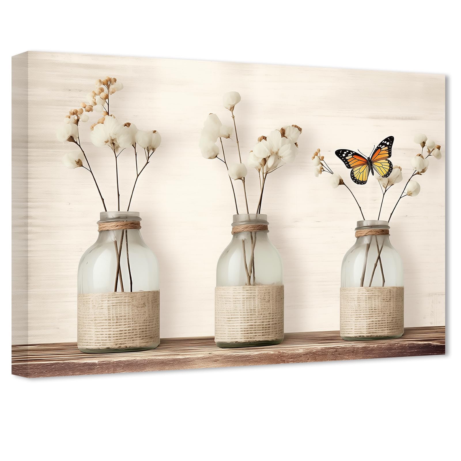 ZXHYWYM Rustic Kitchen Wall Art Butterfly Cotton Flower in Vase Picture Farmhouse Floral Canvas Prints Beige Botanical Artwork Bathroom Wall Decor(Picture-1, (20.00" x 30.00")) โ image 1
