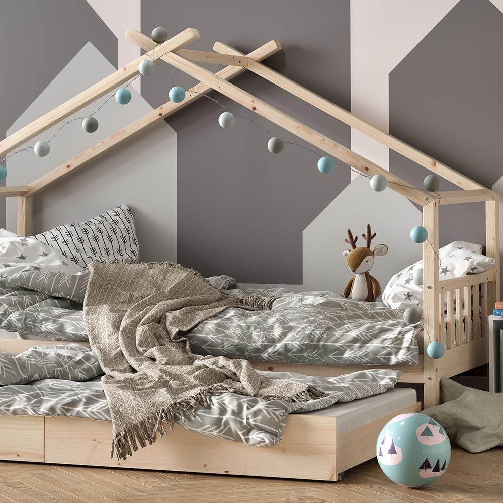 VitaliSpa Cama en Forma de casa Design, Madera Natural, 90x200 cm | con cama de invitados, con barrera de protección anticaídas y somier para un descanso seguro