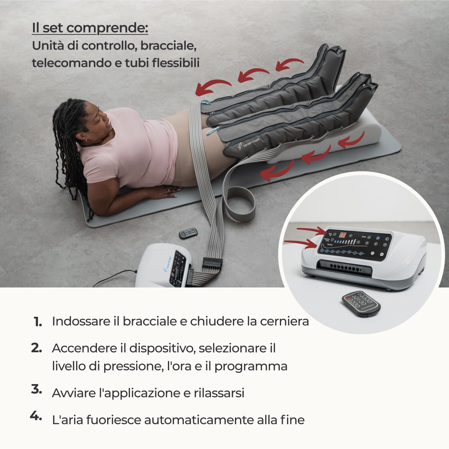 Vein Angel 8 Premium apparecchio per massaggi con gambali, 8 camere d'aria disattivabili, pressione & durata facilmente regolabili, 6 programmi di massaggio, no pressoterapia