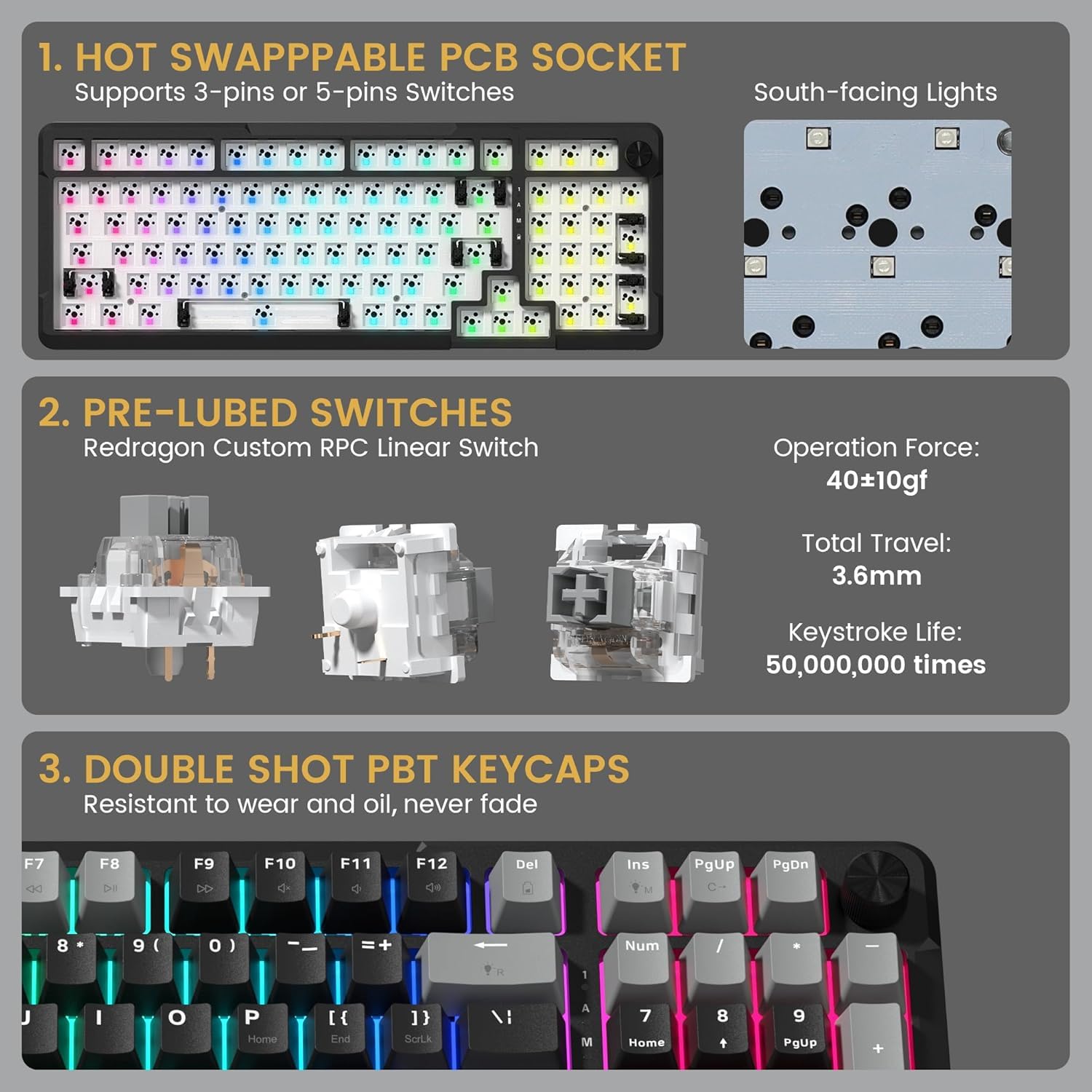 Redragon K742 Tastiera Meccanica Wireless, Gaming Custom Keyboard Gasket con 98 Tasti, Hot-swap, BT/2.4G/USB-C, Interruttore Lineare, QWERTY Layout, Retroilluminazione RGB, per Win/Mac/PC