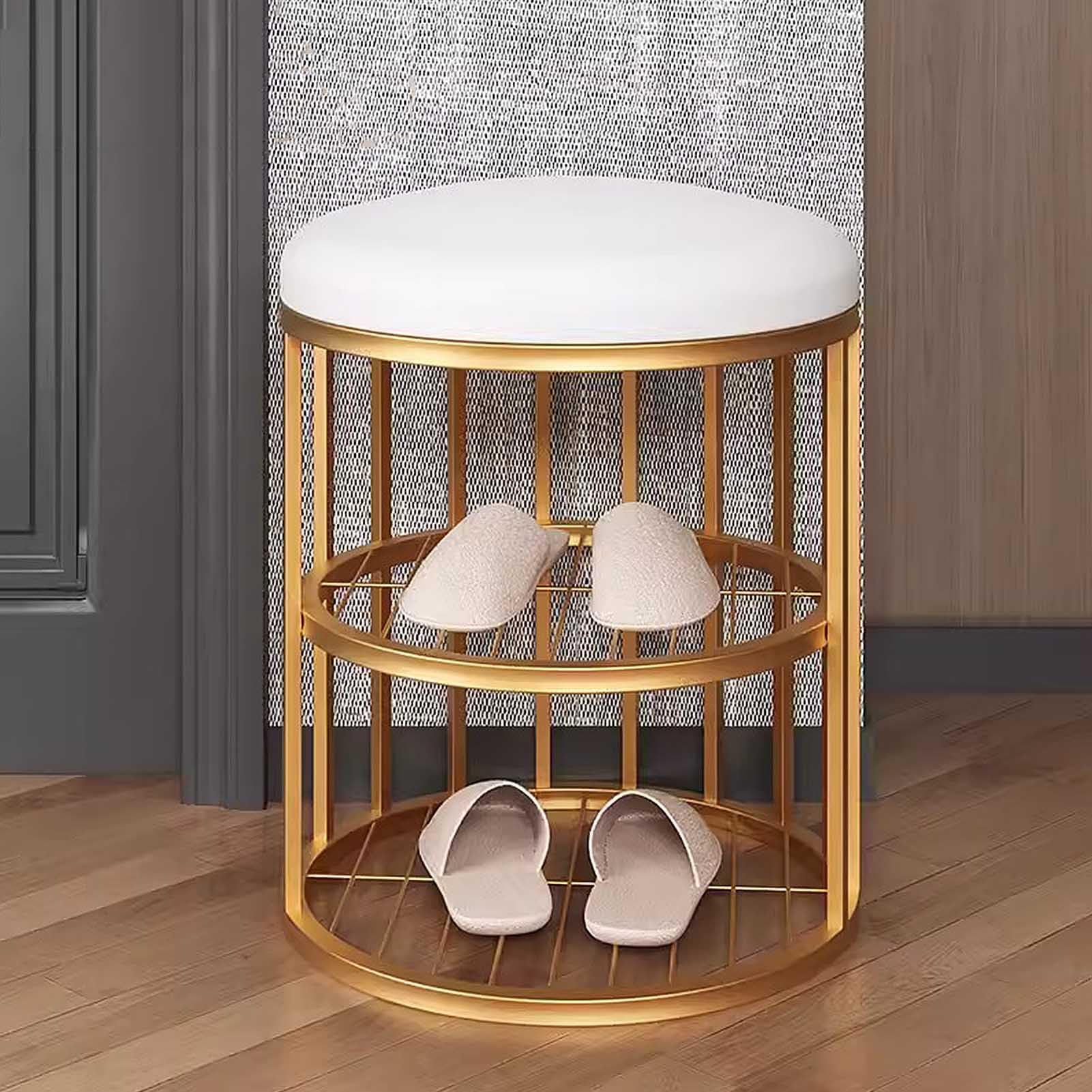 Zapatero de entrada compacto y elegante con marco dorado y asiento acolchado para organizar