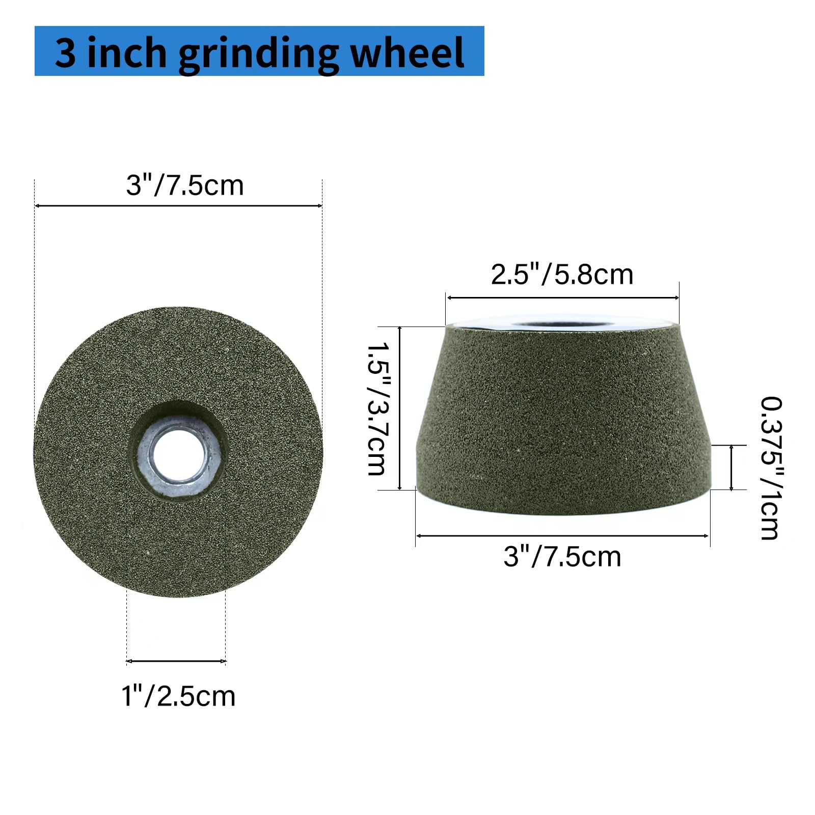 Rueda de piedra de molienda SiC verde de 3 pulgadas, grano 60, 0.62 pulgadas - 11 para hormigón | Baja vibración, fácil control; carburo de silicio verde duro, larga vida; para granito, mármol, hormigón; requiere brida