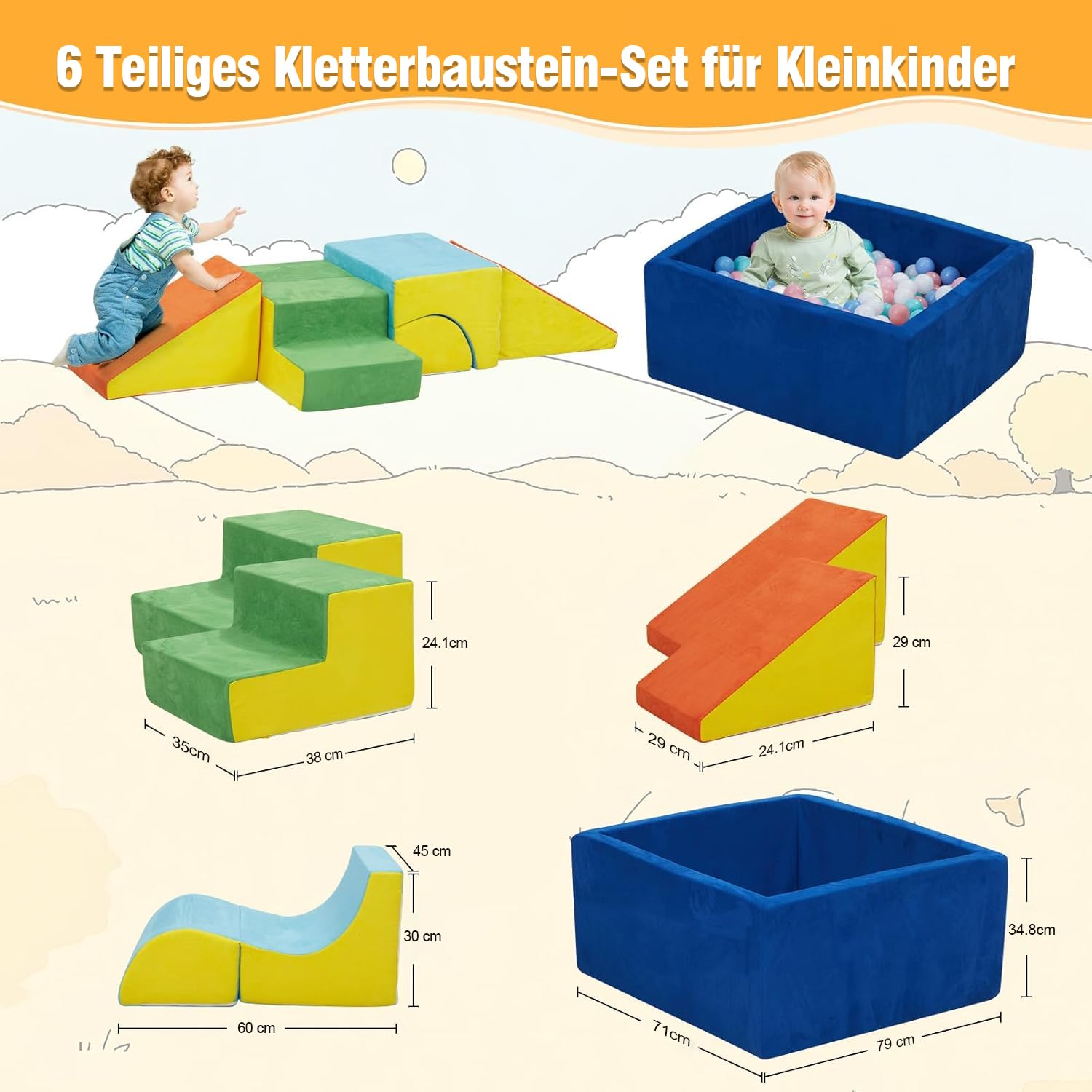 Schaumstoff Bausteine Kinder, Schaumstoff Kletterblöcke XXL, 6 Softbausteine Baby für Zuhause, Montessori Riesenbausteine Spielzeug, Weich&Rutschfest, Waschbare Hülle, Indoor Spielplatz Kinder