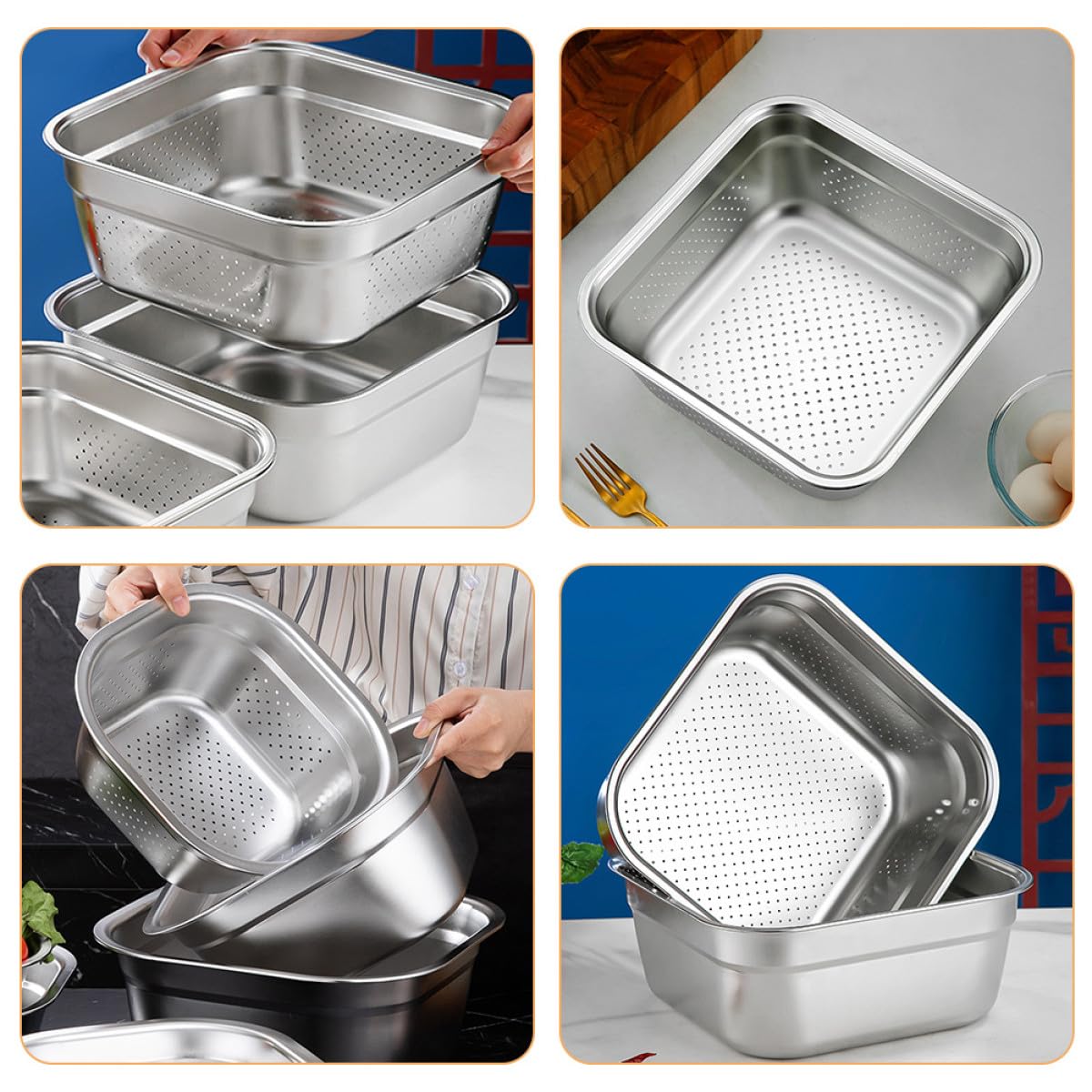 Colador de Acero Inoxidable de Gran Capacidad Forma Cuadrada, Resistente y Ahorra Espacio, Adecuado para Cocinar y Lavar Verduras y Frutas Cocina