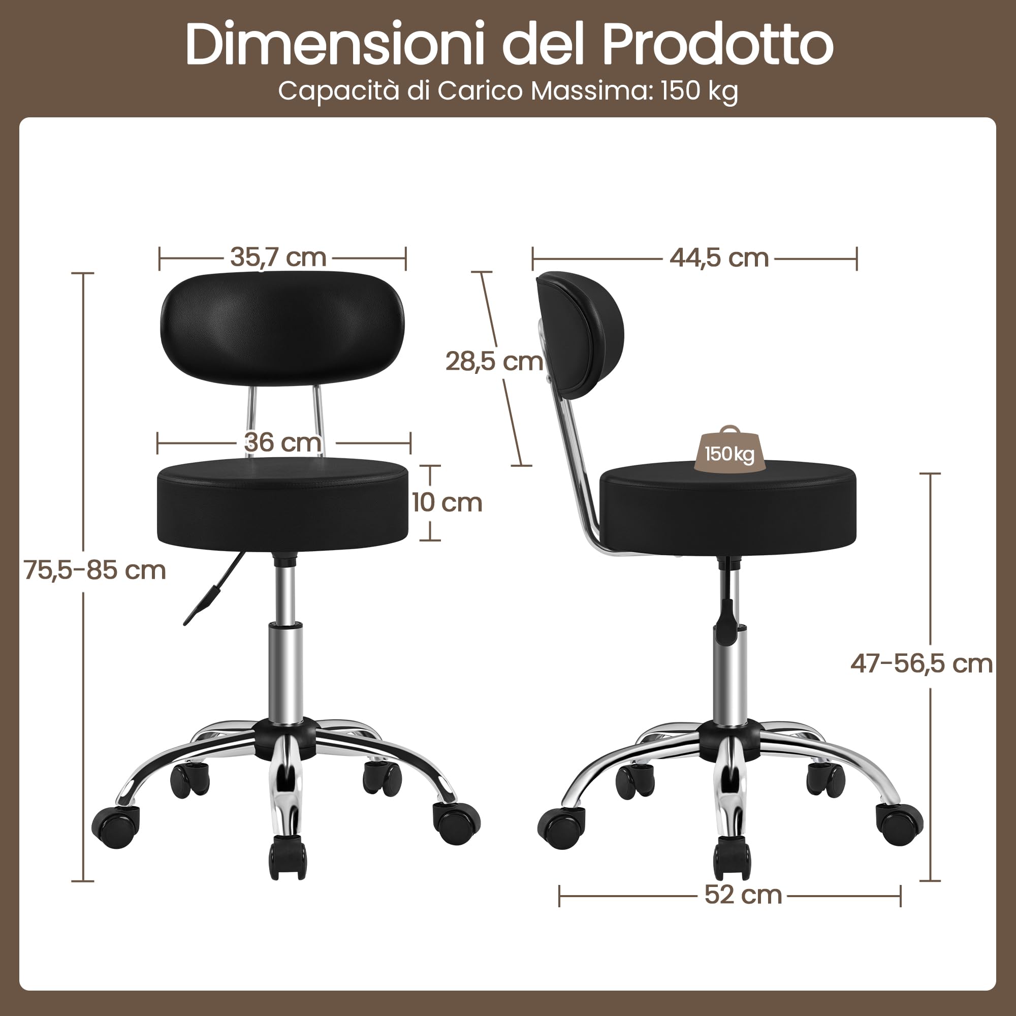 Sgabello con Ruote e Schienale, Sgabello da Ufficio a Rotelle Regolabile in Altezza 47-56,5 cm, Sedia Girevole da Trucco, Estetista, Salone, Studio (Nero)