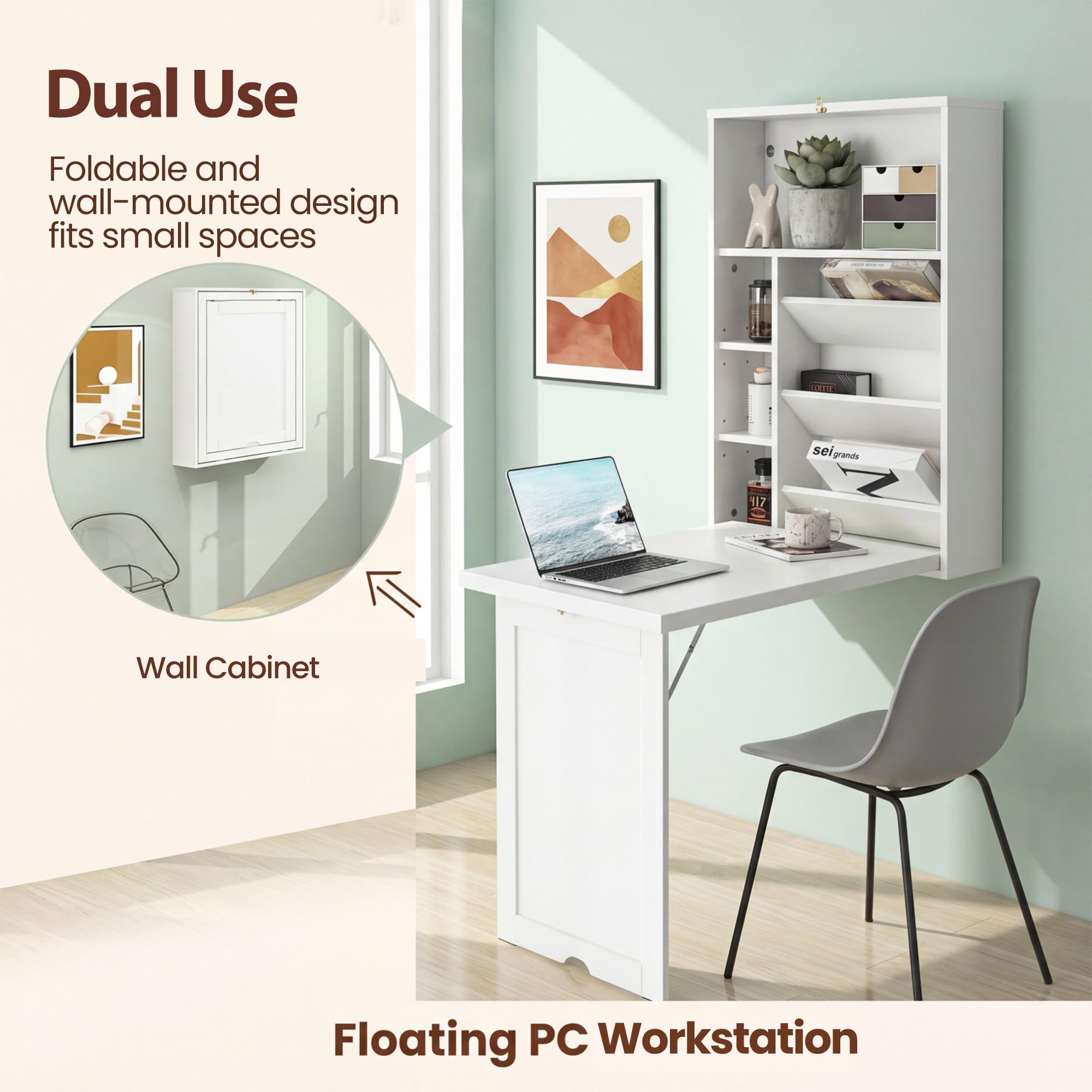 KOMFOTTEU Escritorio Plegable de Pared con 7 Compartimentos