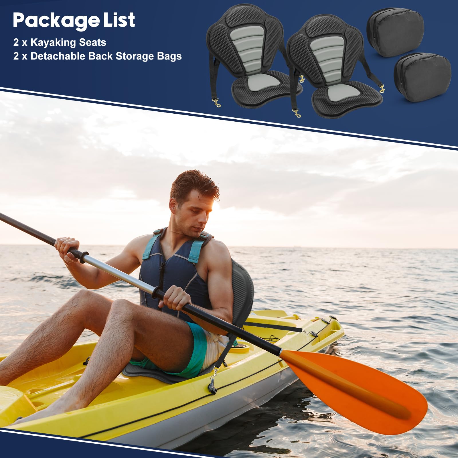 2 Pack Asientos para Kayak con Mochilas Asiento Sup Suave Transpirable Acolchado Delgado Asiento Kayak con Respaldo Alto, Antideslizante para Kayak, Sup, Yachting, Canoa, Drifting, Rafting