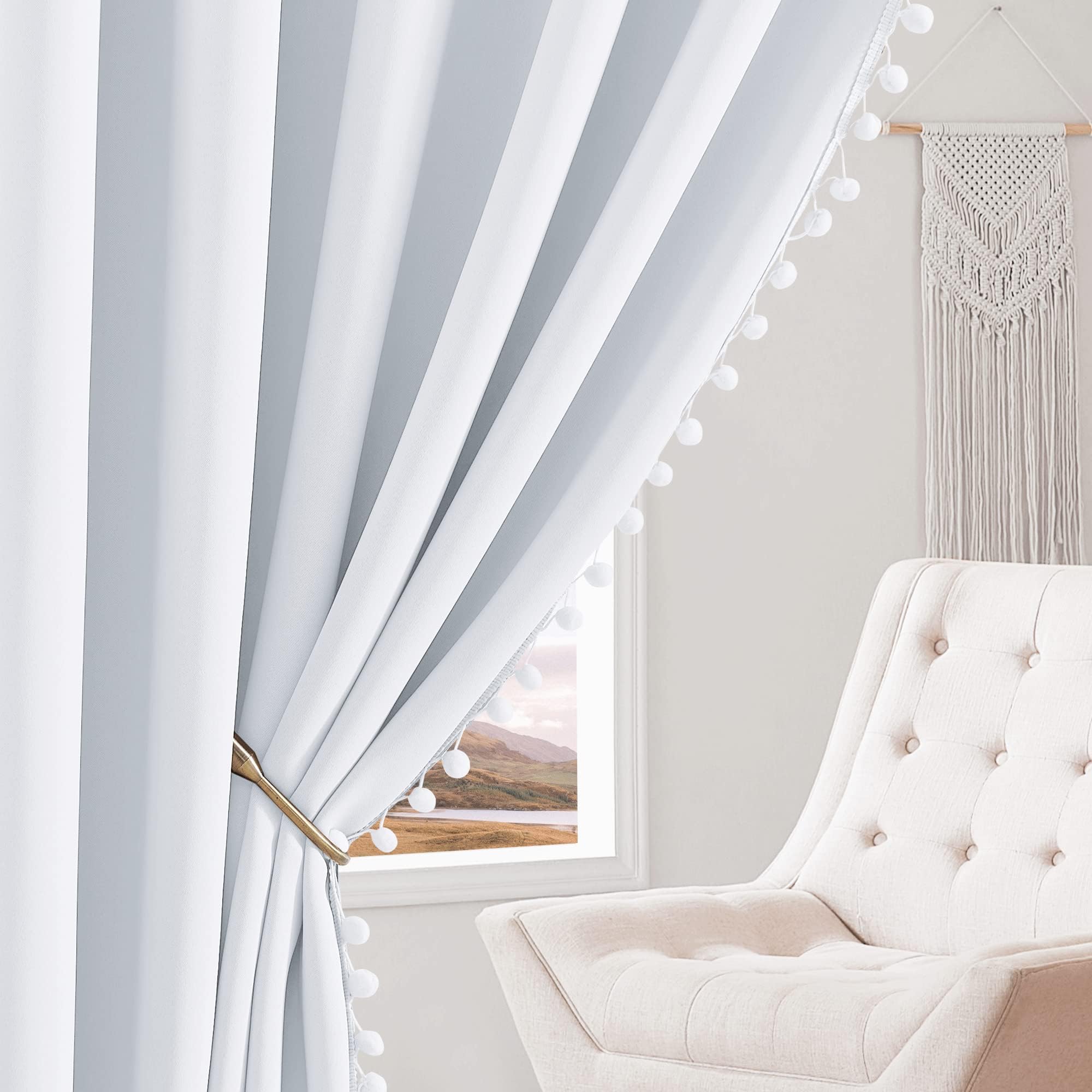 NICETOWN Pompom Window Curtains for Living Room Baby Bedroom 63 inch Thermal Insulated Short Blackout Rod Pocket Window Curtains for Hotel Guest Room Nursery, 52'''' W x 2 Panels, Greyish White,