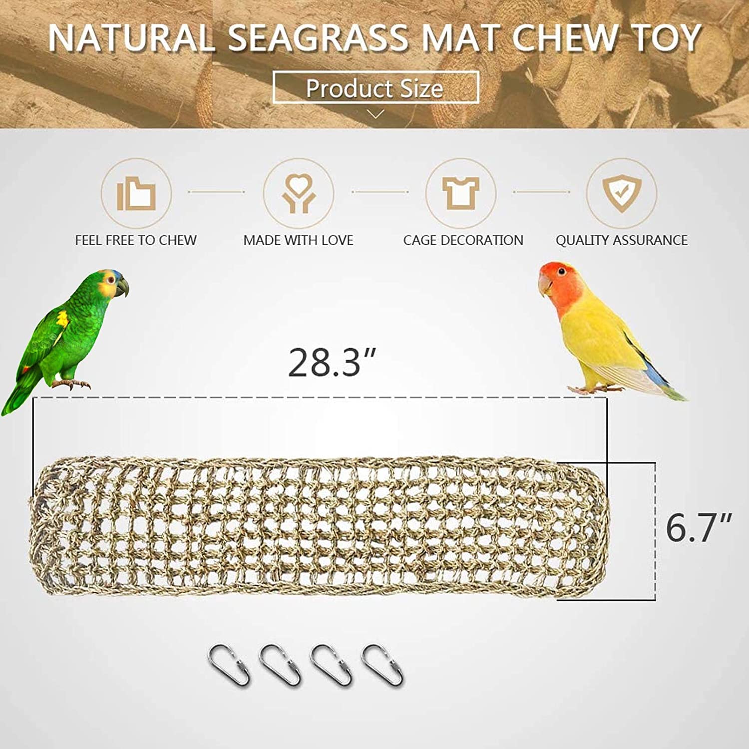 Vogel-Matte aus Seegras, natürlichem gewebtes Netz, Vogelsuche, Kauspielzeug, Hängematte, Matte mit Haken für Sittiche, Nymphensittiche, Hängematte N