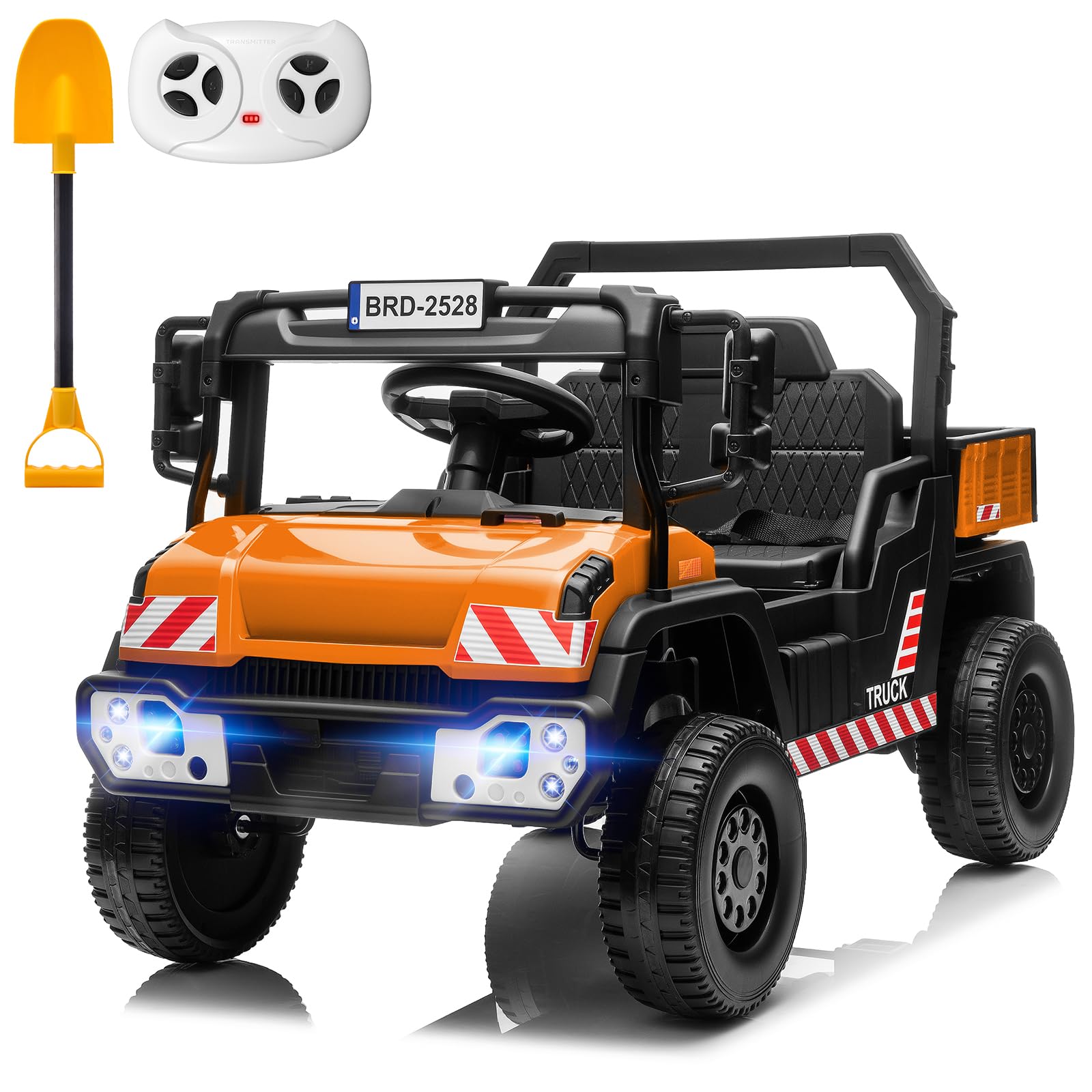 MINIATURE MOTORS 24V Kids Ride On Dump Truck Car, 2X55W Motors, 3.7mph Max Speed, Electric Dump Bed, Shovel, Remote Control, Bluetooth Music, Toddlers
