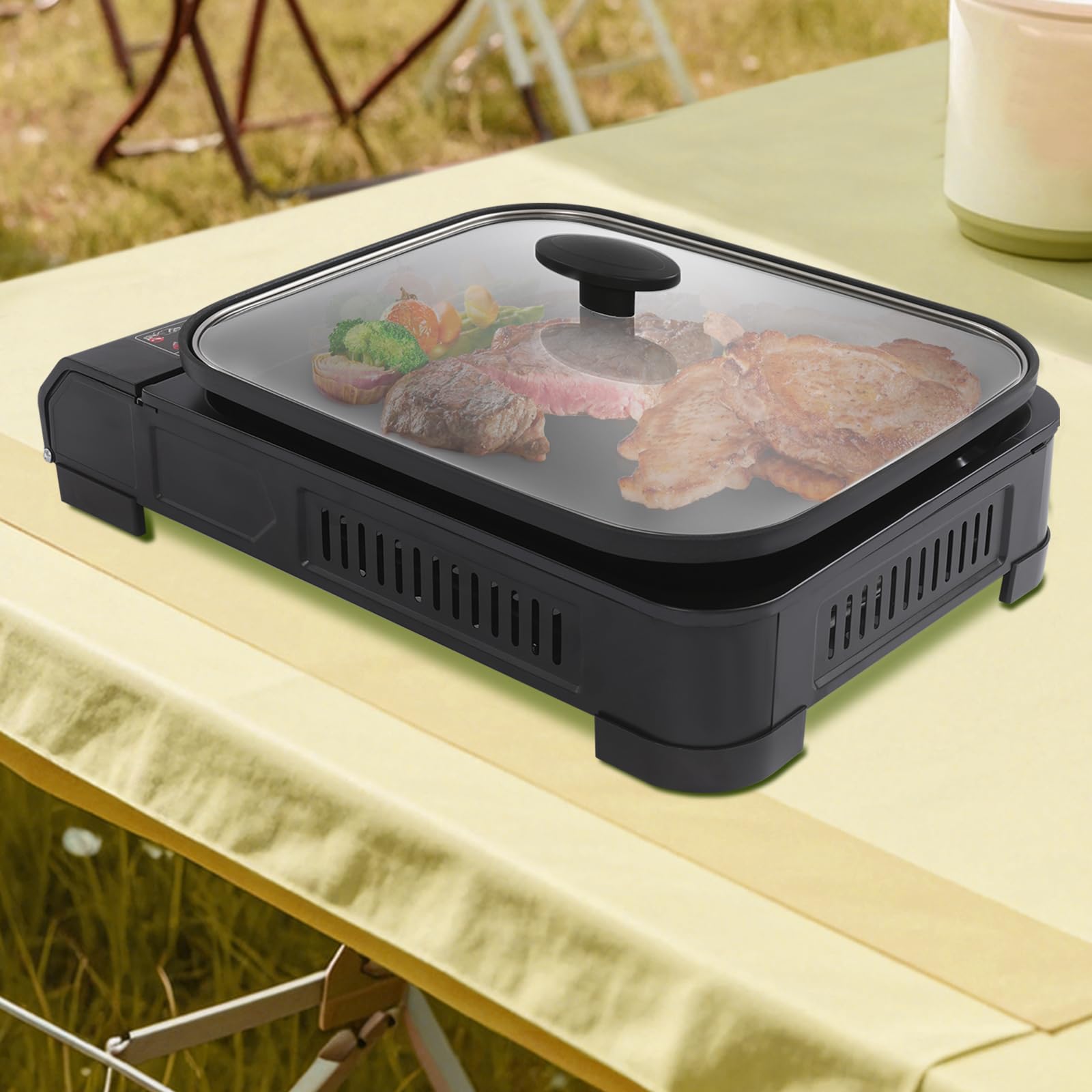 Réchaud de camping à gaz 2 en 1 avec plaque de cuisson piézoélectrique, barbecue portable, couvercle en verre, mallette