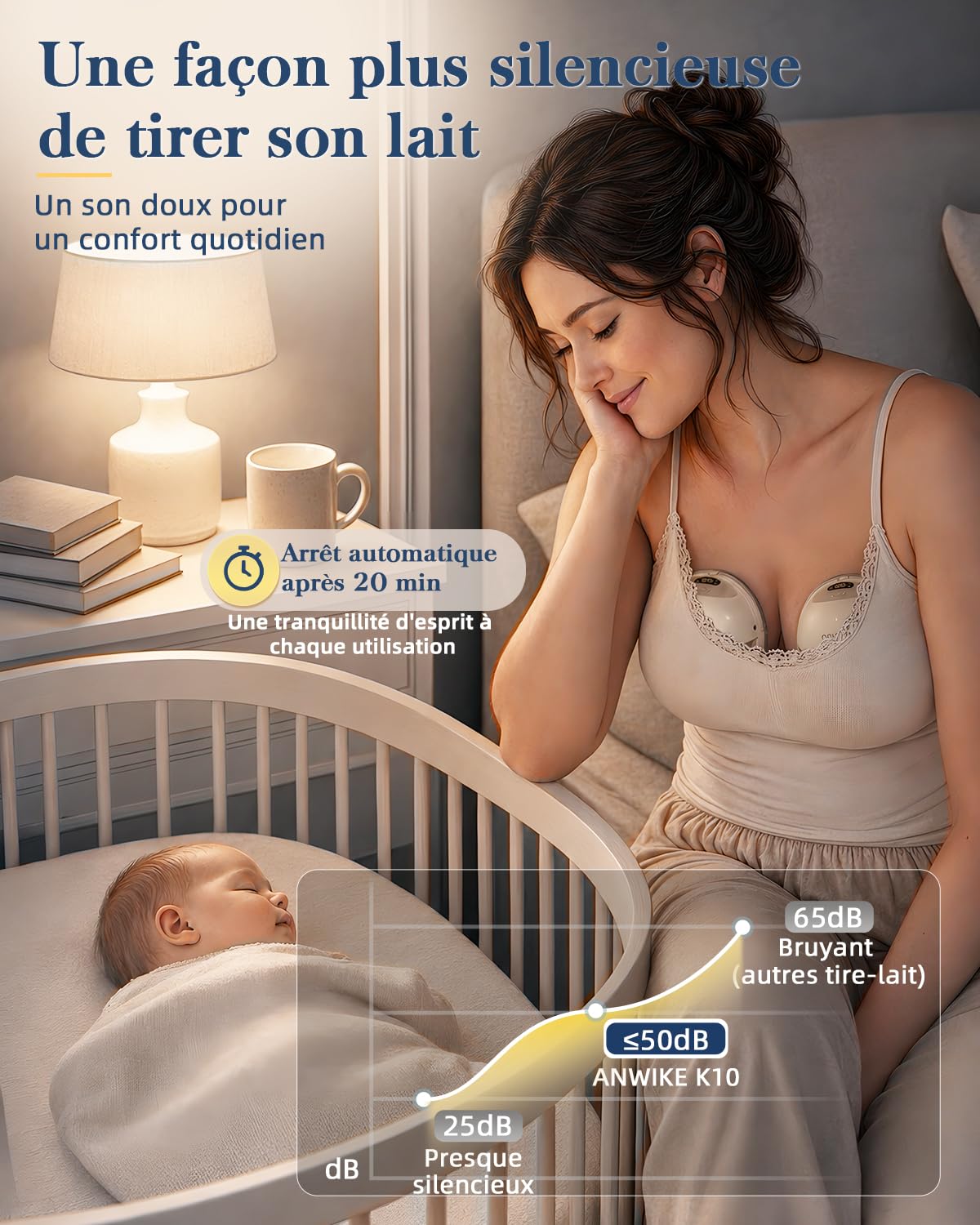 ANWIKE K10 Tire lait electrique mains libres, 4 modes, 20 niveaux | 1200mAh, téterelle 27 mm, Tire lait nomade mains libres jusqu’à 320 mmHg, faible bruit, base verticale(Blanc, 2 unités)