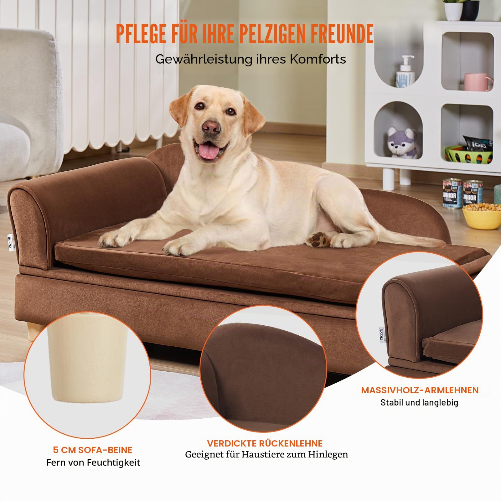 VEVOR Haustiersofa, Hundecouch für große Hunde und Katzen, weiches, samtiges Hundesofabett, 50 kg belastbares Katzensofa, Hundebett Haustierbett Dunkelbraun