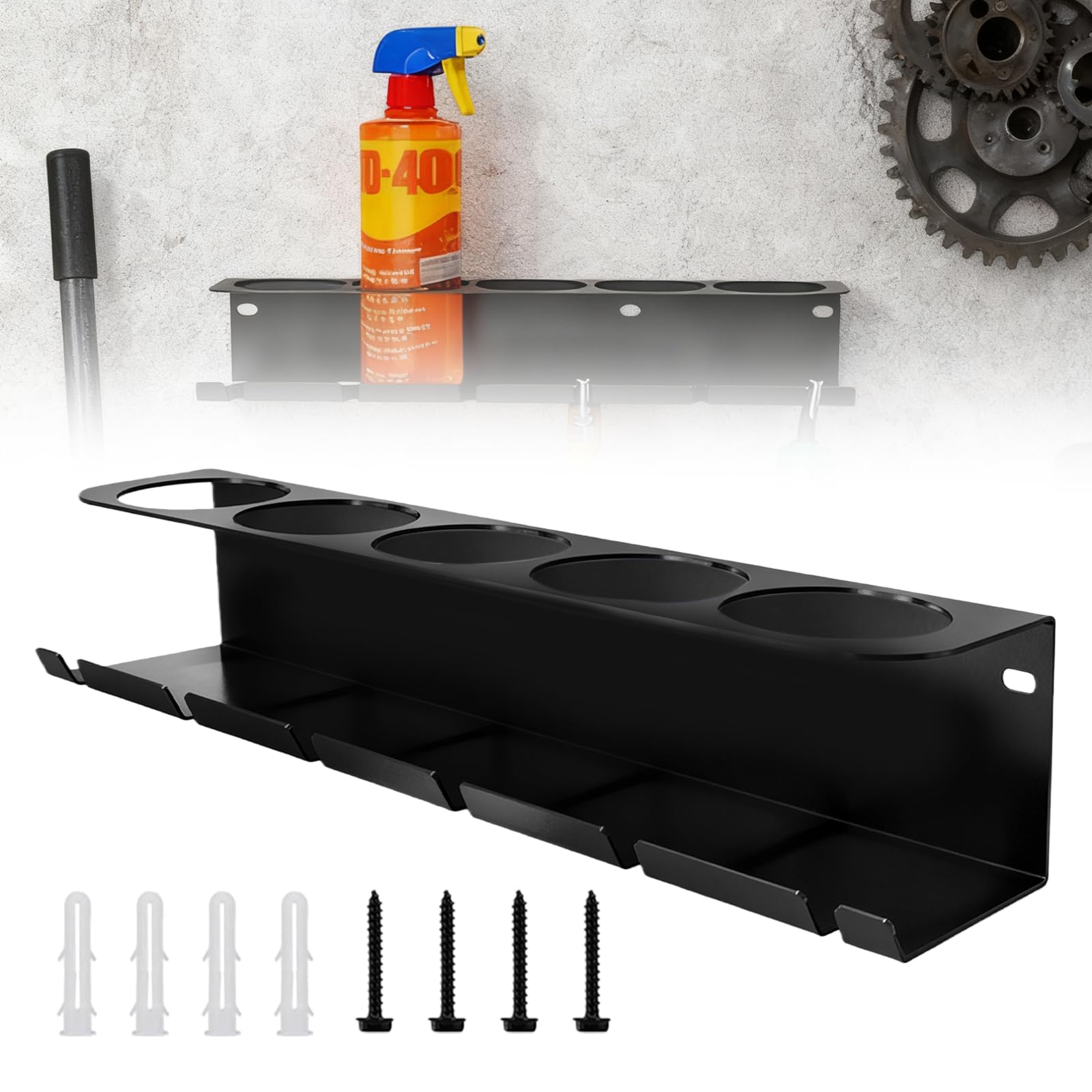 Soporte de latas para botellas de spray: soporte de taller para latas de aerosol, soporte de pared con 5 agujeros y 6 ranuras para garaje, tienda y hogar, (negro)