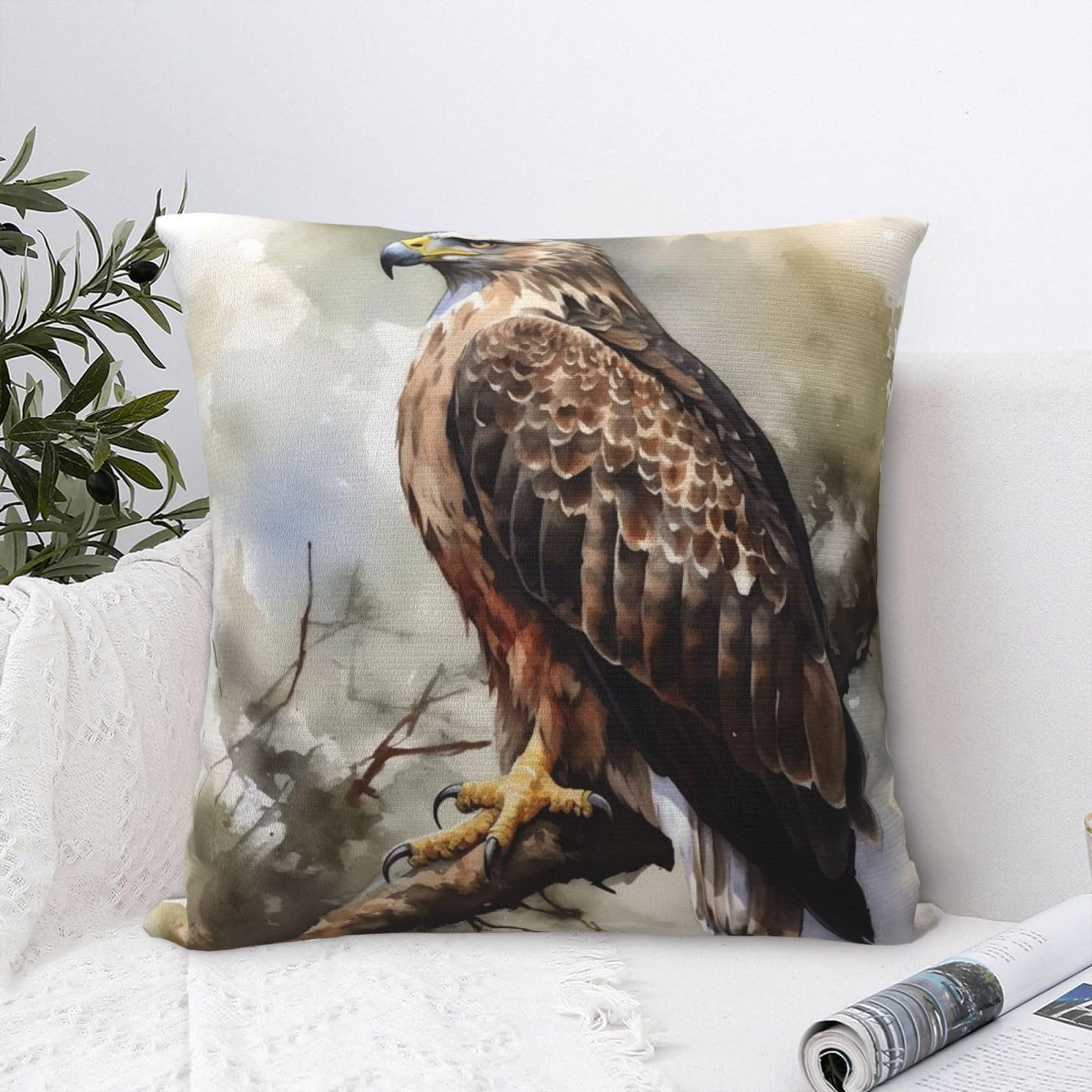 FodPand Luxury Velvet Throw Pillow Covers 24"x24" Super Soft Decorative Pillow Cases - Watercolor of Hawk Sitting in The Tree Pillowcases Modern Lumbar Cushion Cases for Couch Sofa Bed Pillow Shams