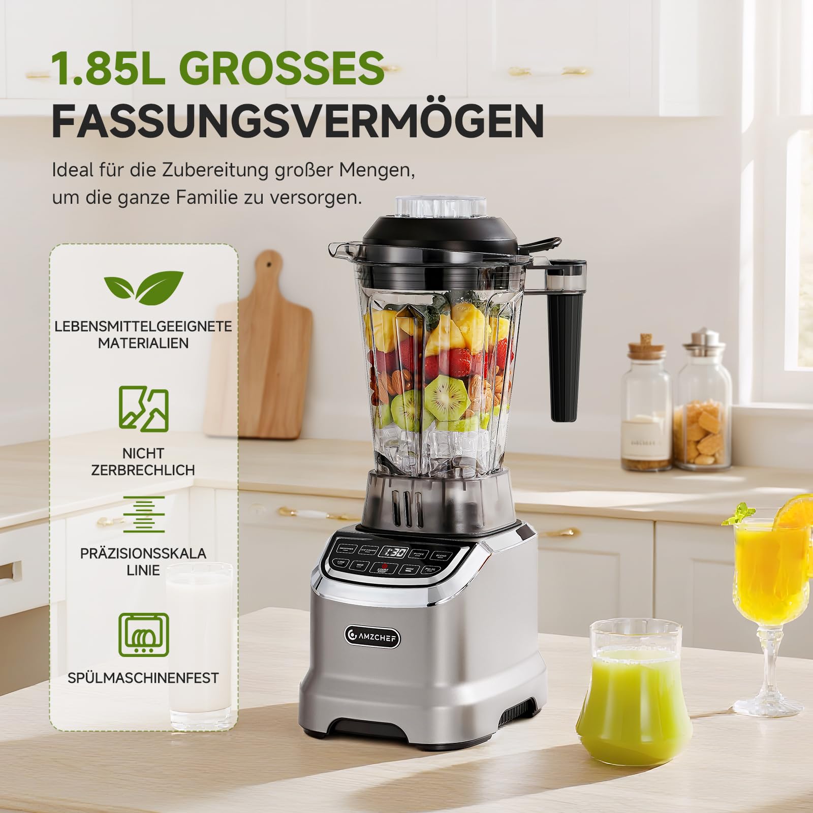 AMZCHEF 2-IN-1 Standmixer mit Zwei Mischbehälter - Blender mixer Hochleistungsmixer 1800 Watt - 1,85 Liter&600ML mixer Smoothie Maker mit 6 Klingen - Tragbarer 600ml Bullet Mixer mit Deckel - Grau