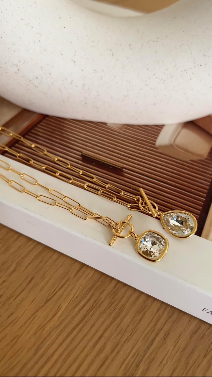 Toggle Paperclip Link Chain Necklace Cubic Zirconia Square Oval Charm CZ Pendant T Bar Toggle Closure Bold Chain Linked Necklace Solid 925 Sterling Silver + 14K Gold, 24K White Gold