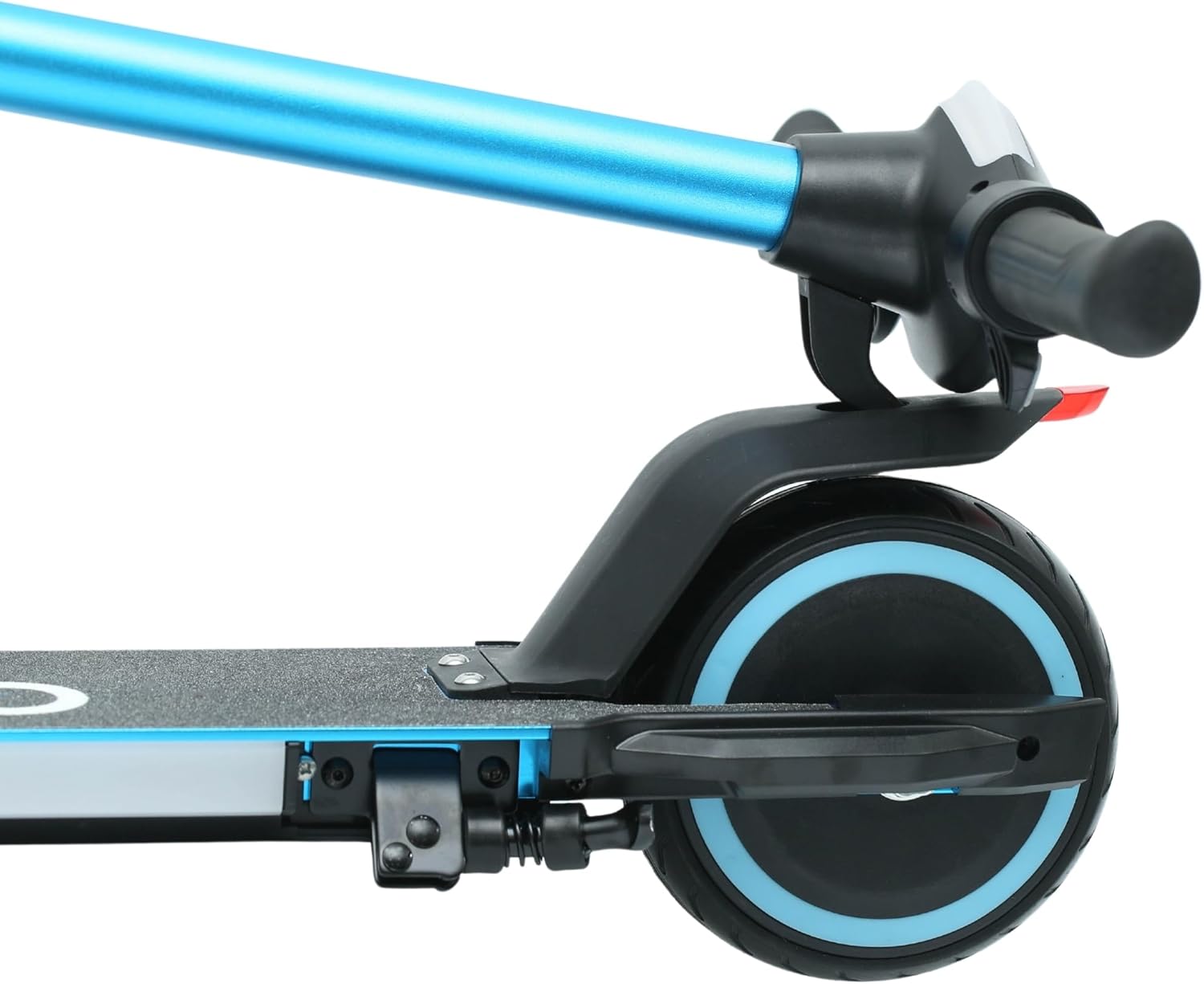 Close-up of the scooter's rear wheel and brake system.