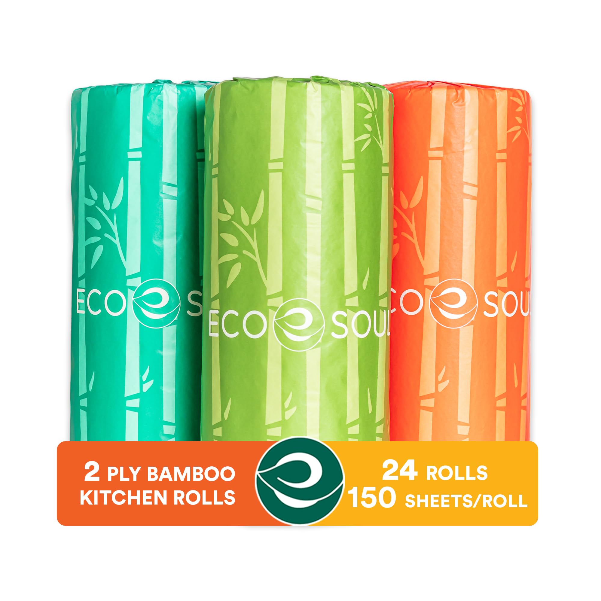 ECO SOUL 100% Compostable Bamboo Kitchen Paper Towel Set of 24 Rolls | 2Ply with 3600 Sheets, 150 Sheet each | Eco-friendly Soft Paper Towel, Kitchen Towel