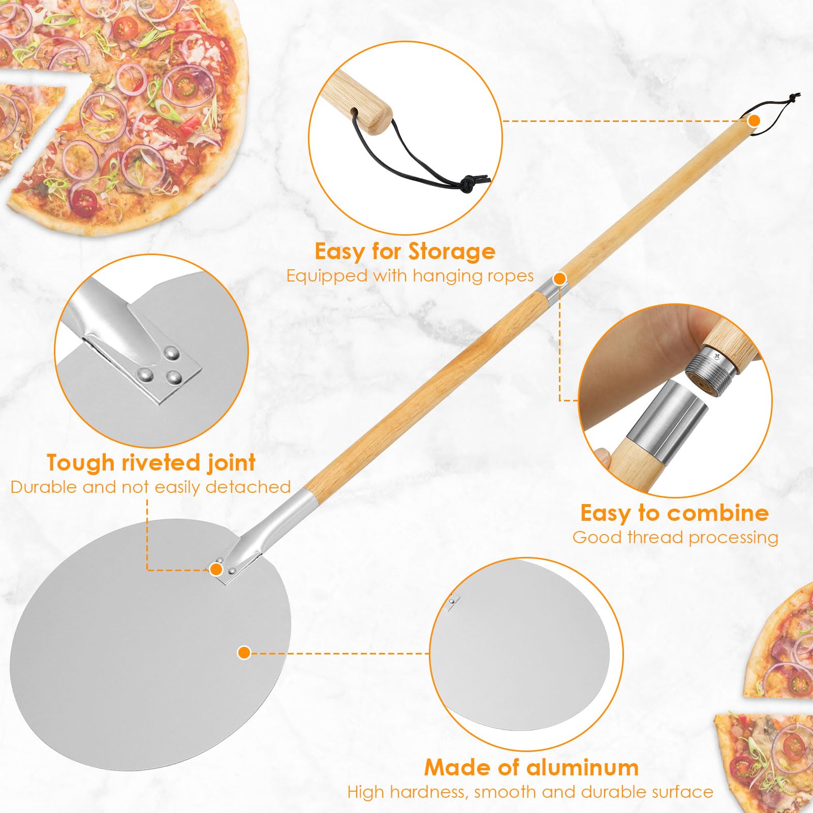 Pelle à Pizza en Aluminium Ronde, Long Manche Réglable Jusqu'à 126 cm, 30 cm pour Transférer des Pizzas