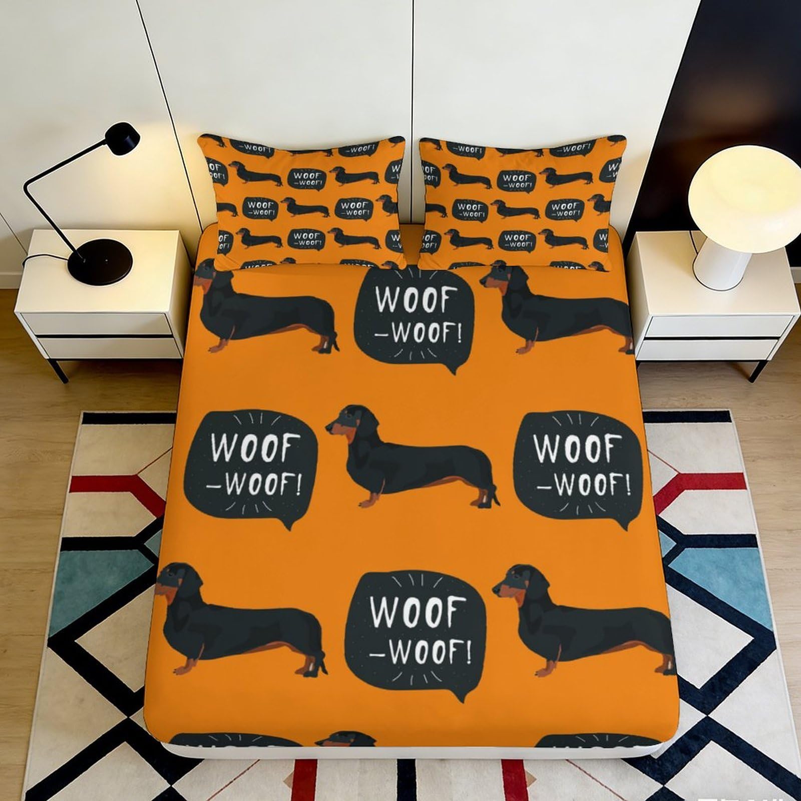 3D Printed Dachshund Dog Fitted Sheet Microfiber Orange Cartoon Bed Cover for Bedroom Guest Room Mattress Decor 90x200x25cm
