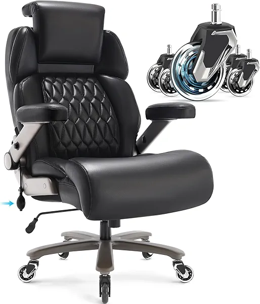 Big and Tall Office Chair 700lbs - Adjustable Headrest&Lumbar Support, 3D Flip Arms, Large Wheels &Heavy Duty Metal Base, Ergonomic High Back Computer Chair Desk Chair, Thick Padded Extra Wide Seat