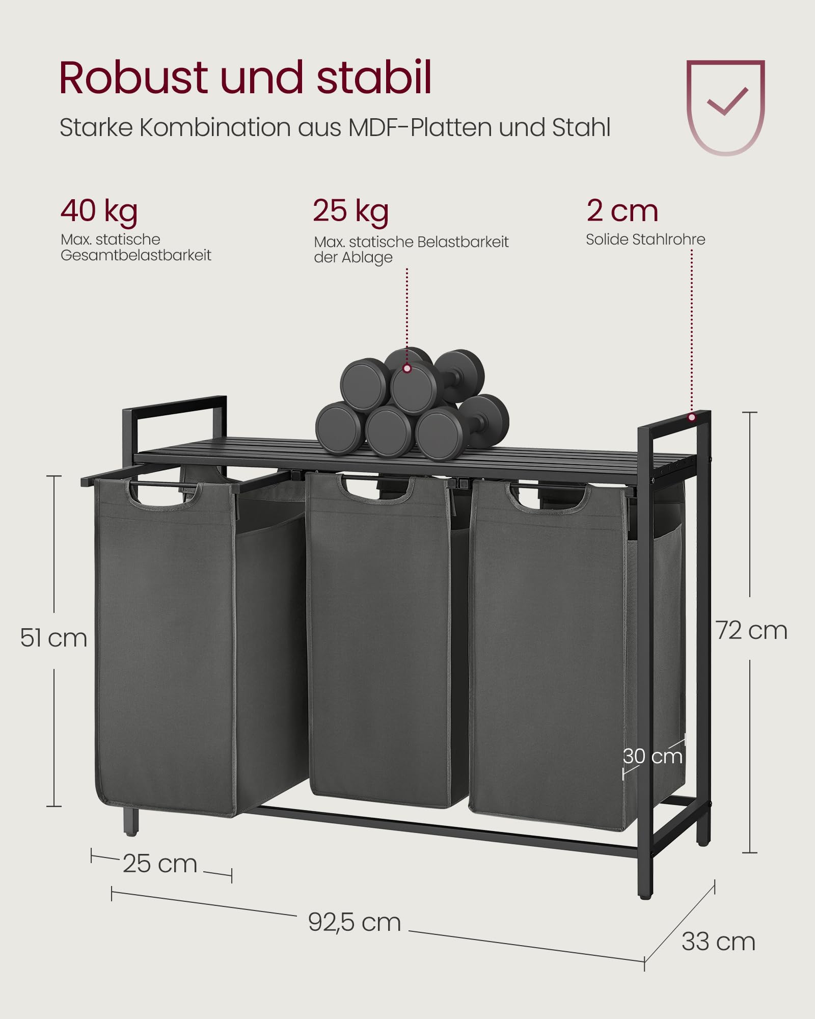 Vasagle Wäschekorb 3 Fächer 120 L – Bild 5