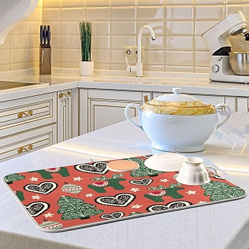 Miniatura 6 de Tapete de secado de platos con diseño de arte popular navideño rojo de San Valentín, tapete escurridor de platos para encimera de cocina, lavable a
