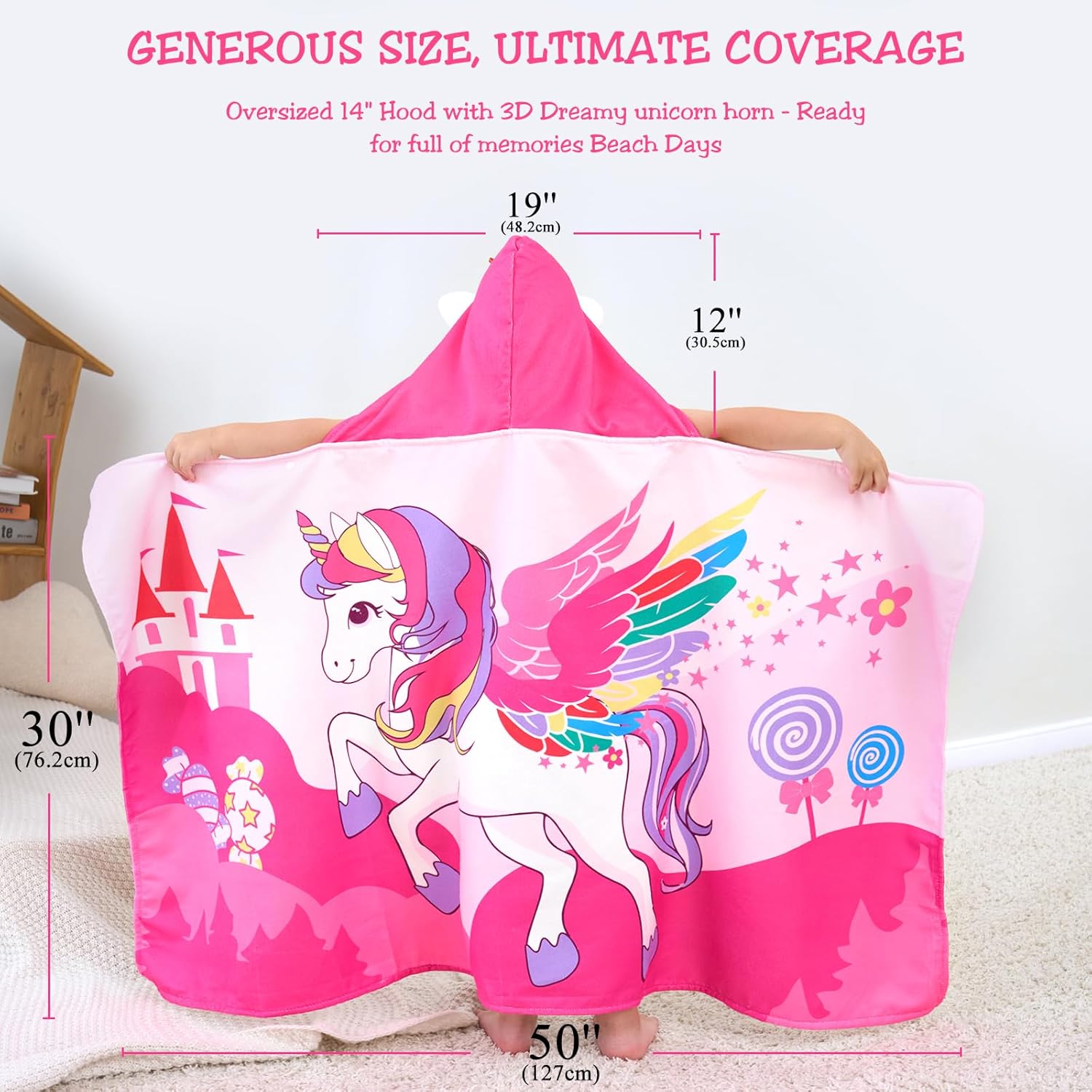 UOMNY Unicorns Hooded Towels for Kids,Soft Kids Beach Towel,30" x 50" for 3-10 Years Girls,Hooded Bath Towel,Toddler Bath Towels - Image 6