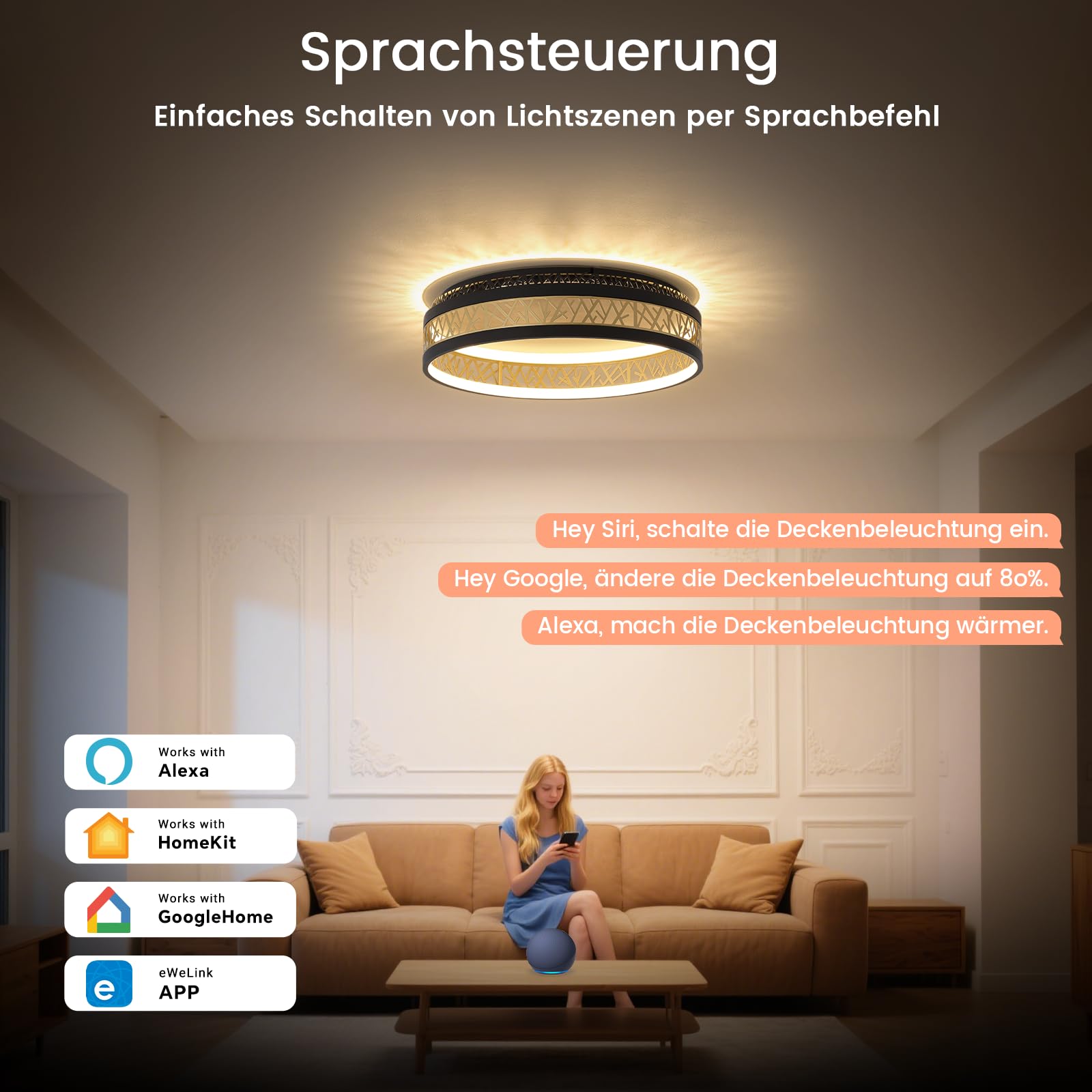 Yuanfenghua LED Deckenleuchte Mit Fernbedienung, Dimmbar Schlafzimmer Lampe with Matter Kompatibel Mit Alexa,HomeKit,Google and eWeLink APP, Rund Schwarz Gold Aushöhlen Design Wohnzimmer Ø50×H12CM