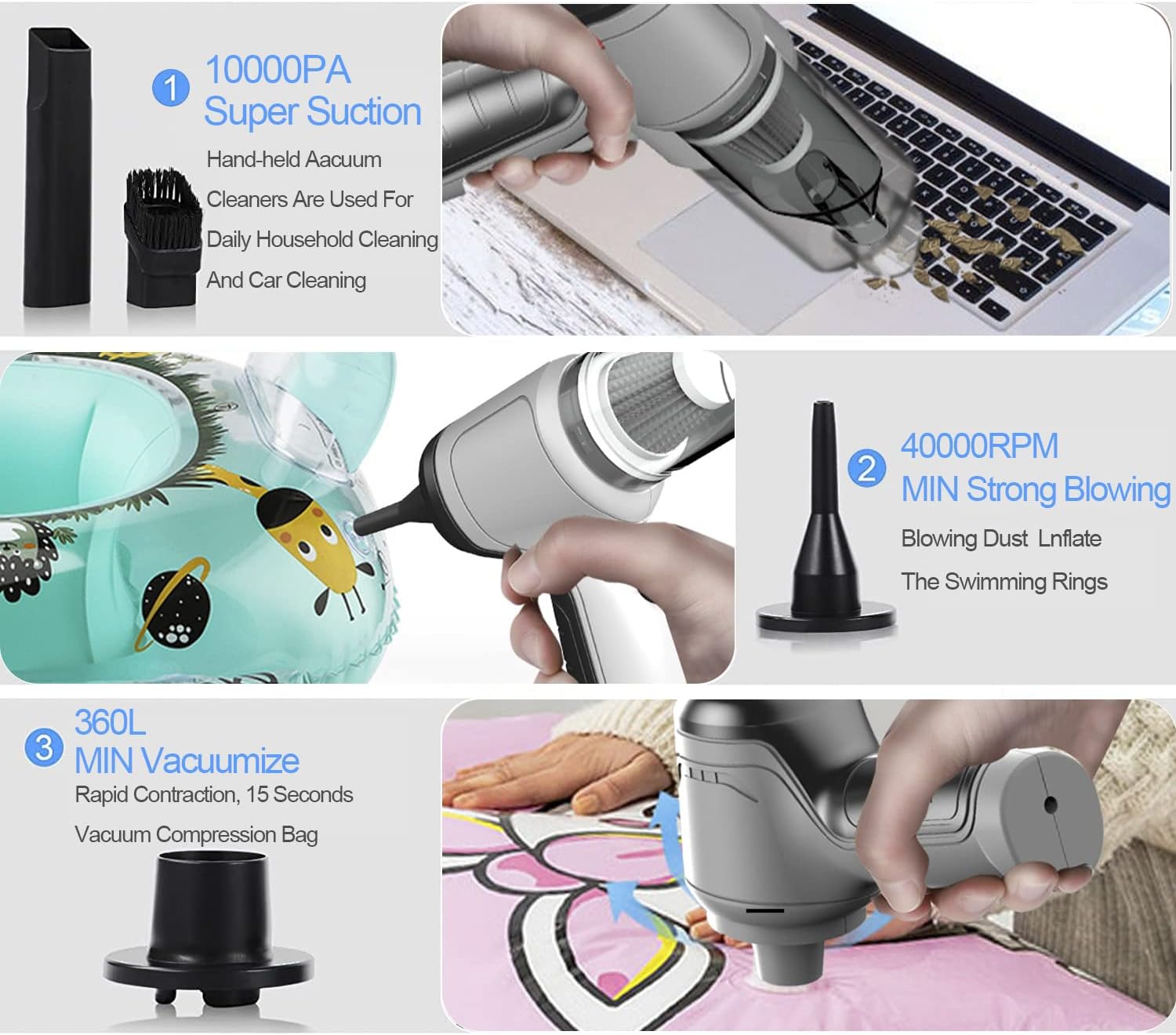 Niksakog Compressed Air Duster,Handheld Cordless Vacuum Cleaner,Mini Vacuum Keyboard Cleaner Three-in-one for car,Family,Computer or pet Hair Cleaning… (White) : Electronics