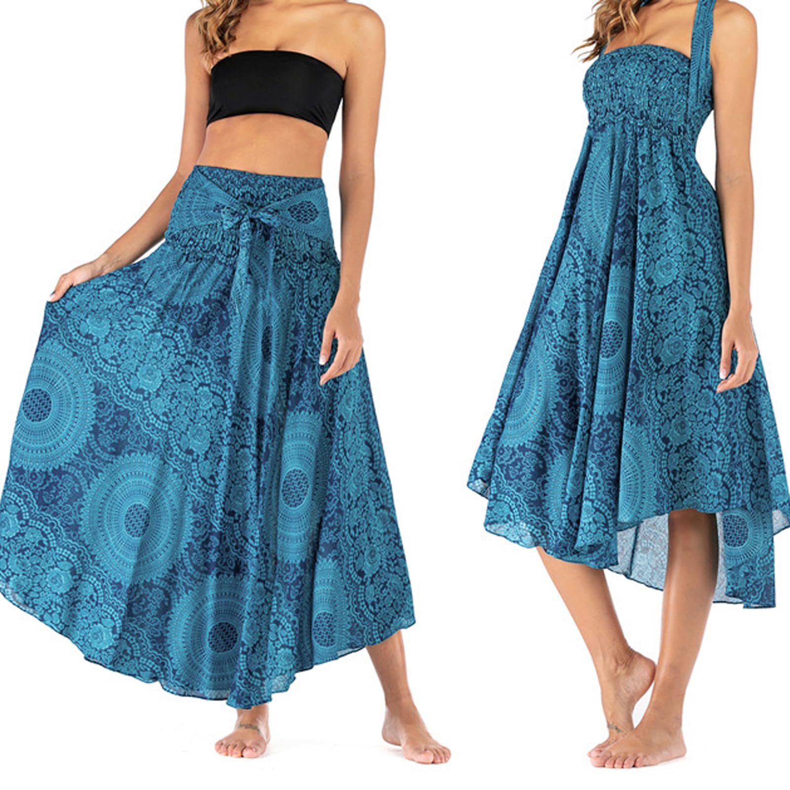 1Pcs EleganteFalda Largo para Mujer de 2 en 1,Faldas Bohemias de Verano,Verano Falda Estilo Étnico,Larga Bohemio Playa Falda Maxi Falda