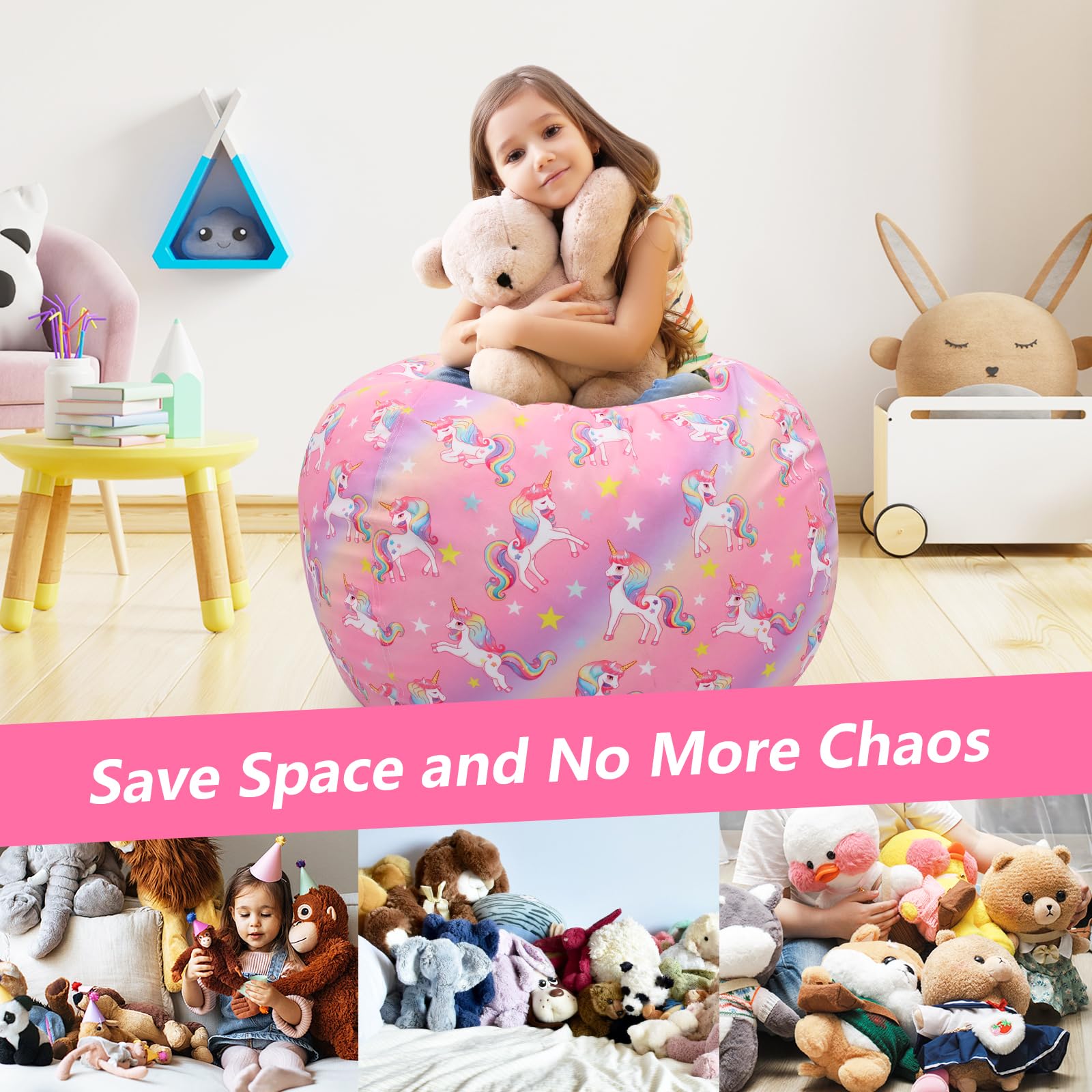 Kids Bean Bag Chair-Cover Only-Large Stuffed Animal Storage Bean Bag for Girls Boys Indoor Outdoor (No Filling),Unicorn Gradient - Image 4