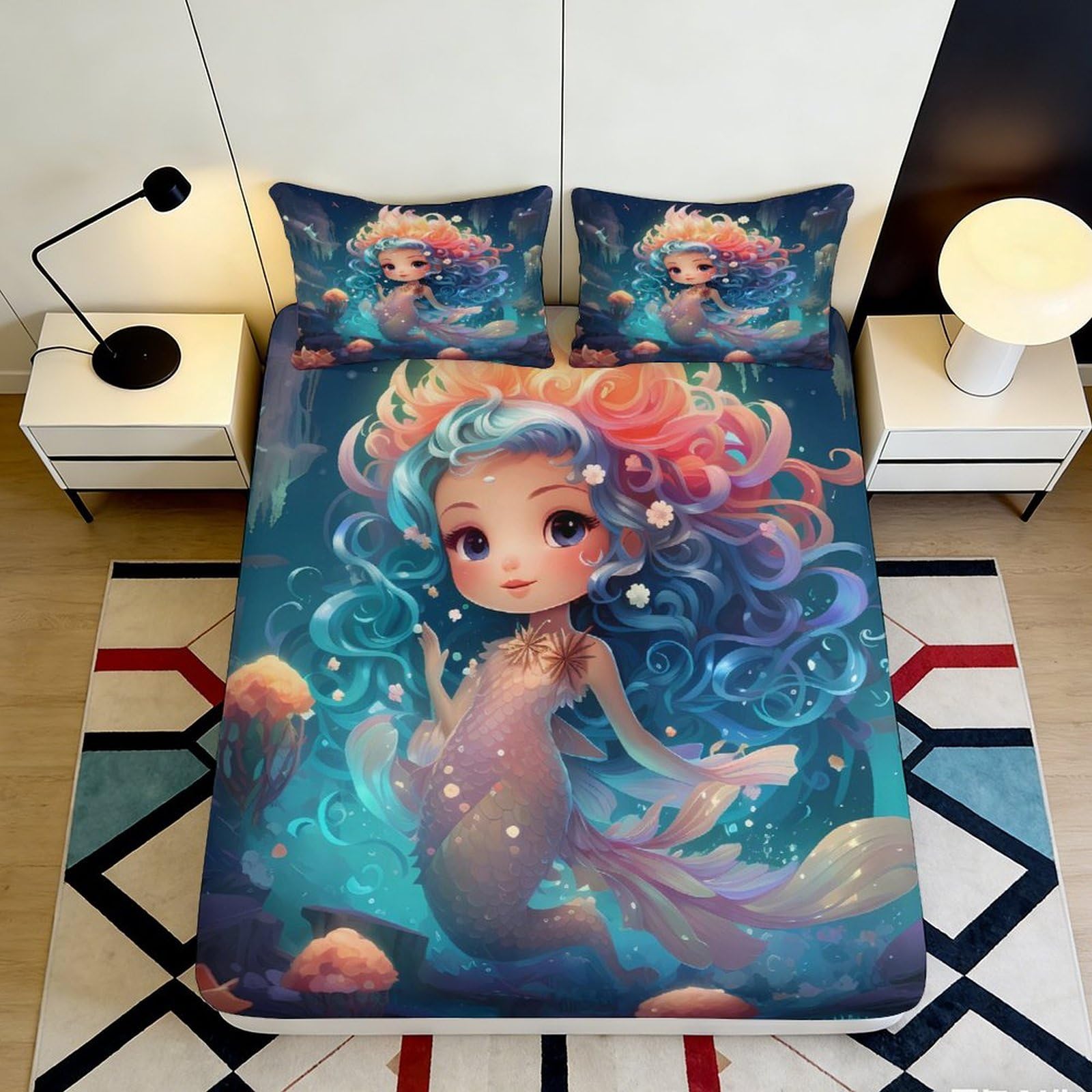 Pnayamiorkfel Style-9 3D Printed Mermaid Fantasy Fitted Sheet Microfiber Colourful Ocean Bed Cover For Bedroom Guest Room Mattress Decor 90X200x25cm