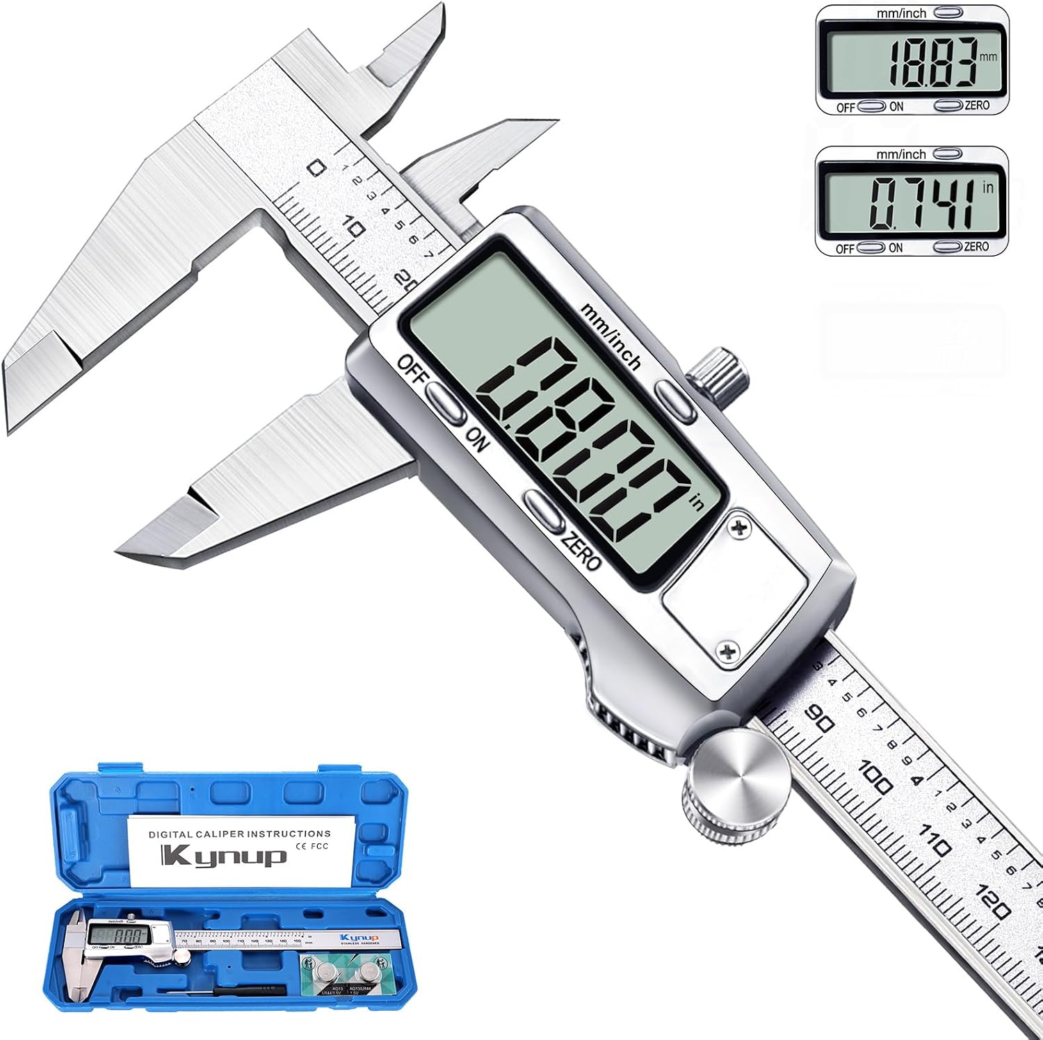 Kynup Digitale schuifmaat, 150 mm schuifmaat, roestvrij staal, elektronische schuifmaat, volledig uitgeschakeld, lcd-display voor huishoudelijk en industrieel meten