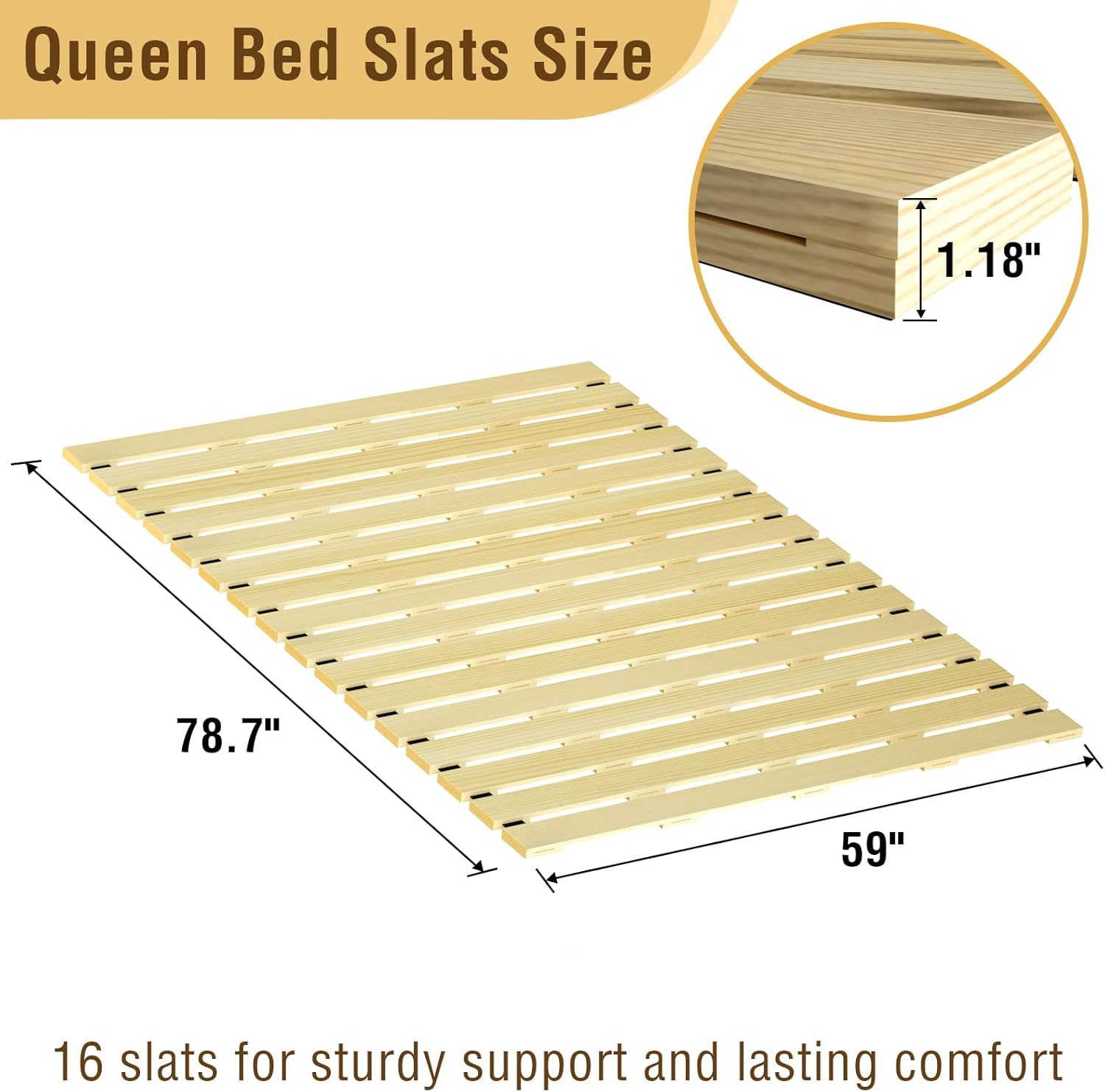 Japanese Tatami Mat Floor Bed, Knotless Solid Wood, Roll-Up Slatted Bed Plate with 2 Storage Straps, Moisture-Proof and Breathable for Floor Sleeping or Futon Mattress, Queen