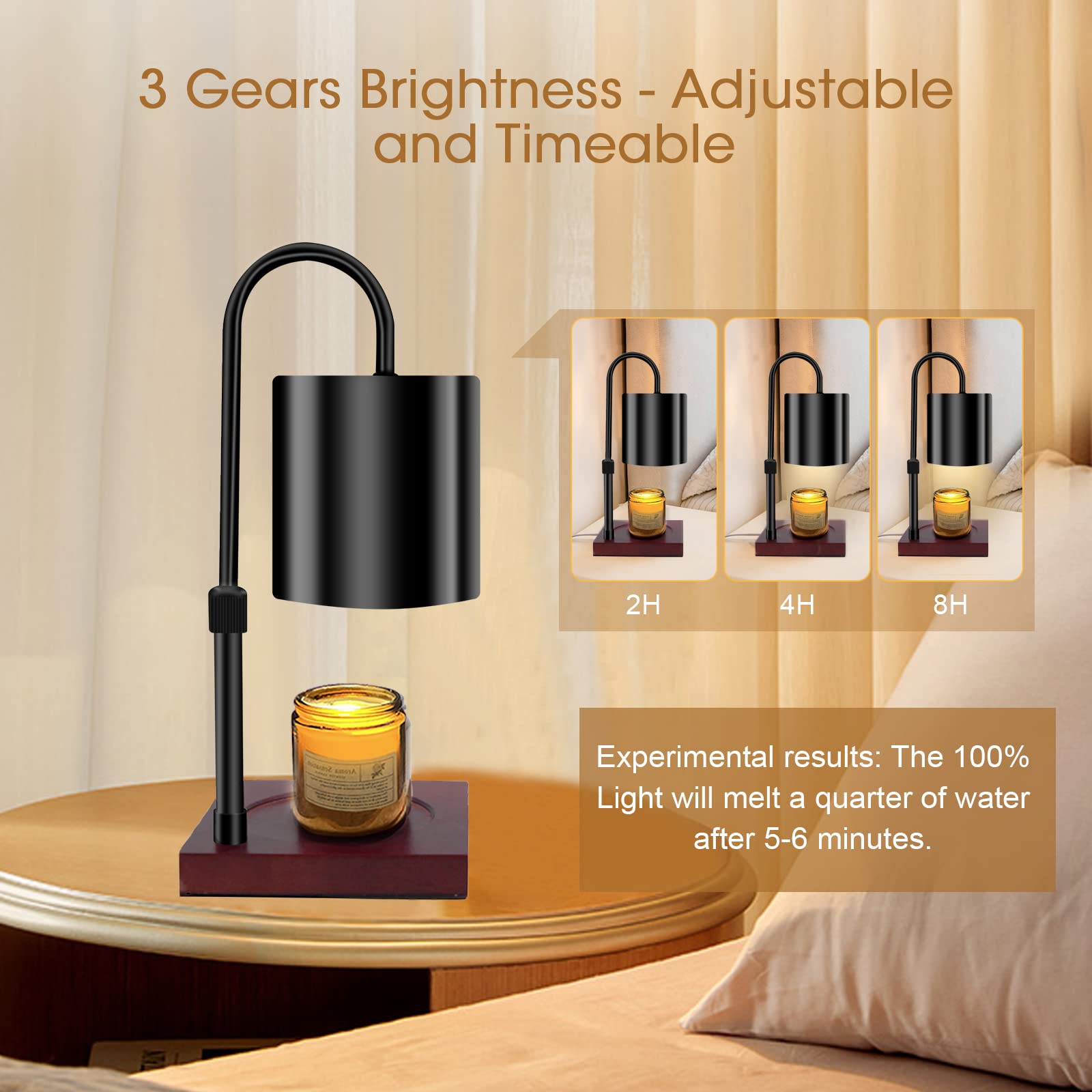 MQ Candle Warmer Lamp with 4 Replaceable Bulbs, Adjustable Height & Heat Timer Wax Melt Warmer, Battery Operated Candle Melting Lamp for Jar Scented Candle Holder (1 Black)