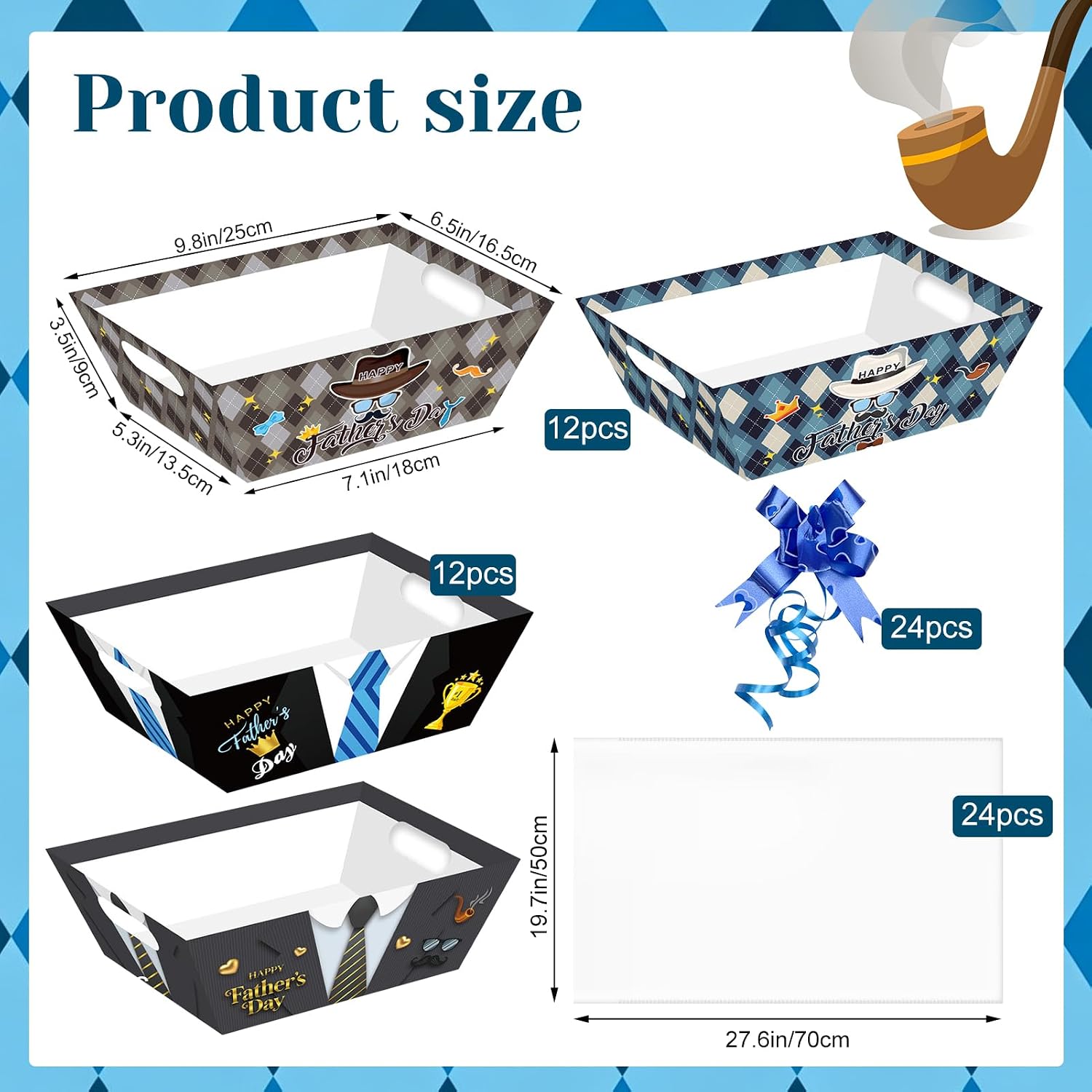 Zoketriton 24 Set Happy Father's Day Baskets for Gifts Empty with Cellophane Basket Bags Bows, Happy Father's Day Market Tray Cardboard Basket to Fill for Father's Day Birthday Party Decor