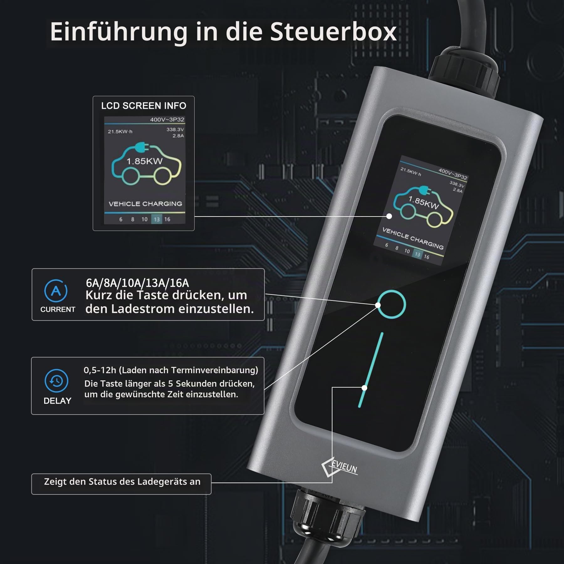 Mobile Wallbox 11 kW, 3-phasig, mit Typ 2 Ladekabel, 6-16 A, 5 m