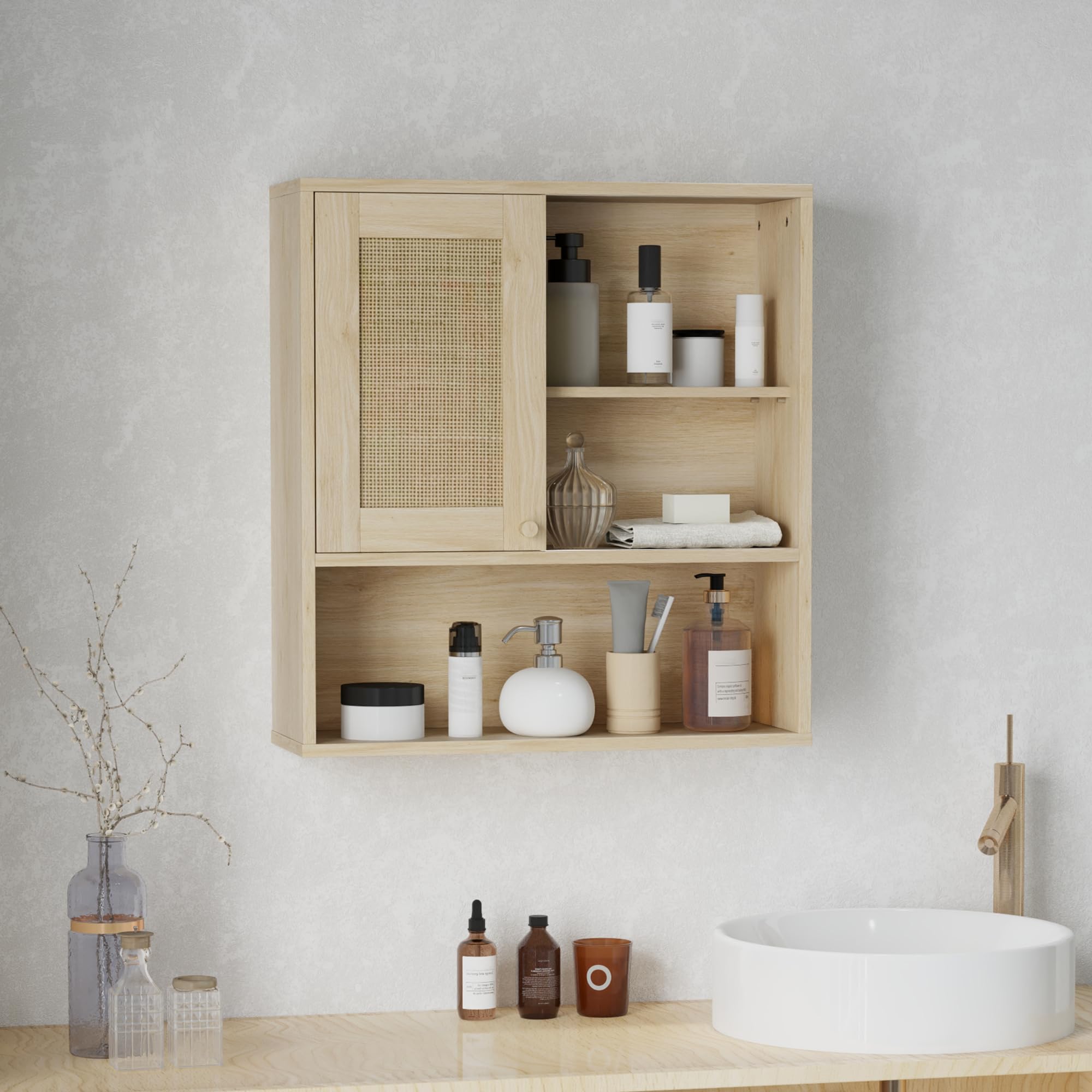 HOMCOM Armoire murale, meuble haut salle de bain avec porte coulissante en rotin et étagères ouvertes, meuble de salle de bain style bohème, meuble de rangement suspendu, 60 x 20 x 65 cm, bois naturel