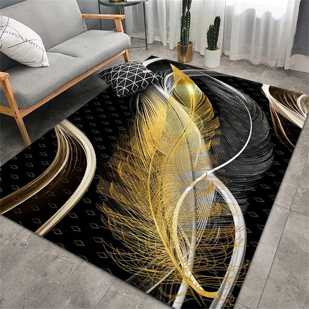 Alfombra de pasillo de diseño elegante con detalles dorados y plumas en efecto 3D 80x120
