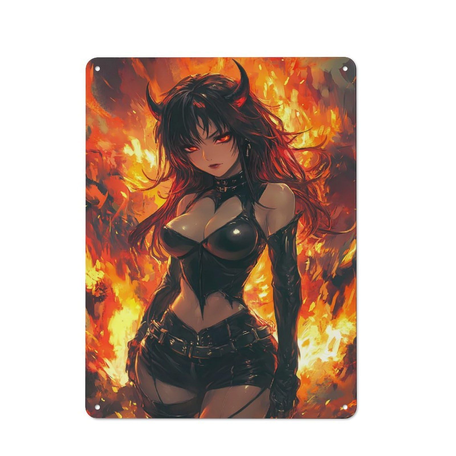 Decorative Metal Plaque with Fiery Anime Demon Girl Design 40x30cm, Casual Utility Space Decor for Patio Bar, Workshop, Shed Or Kitchen